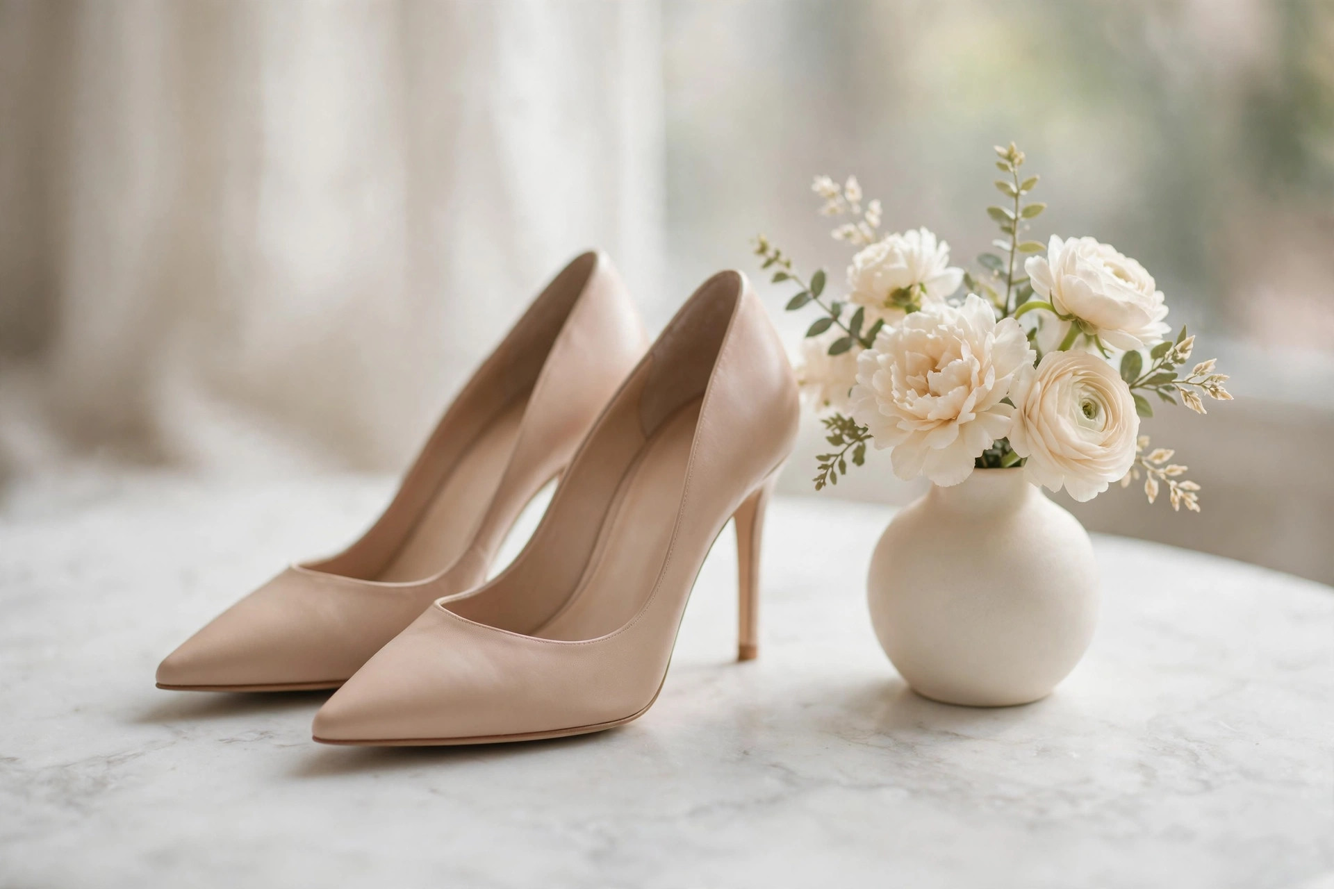 Nude heels close-up on marble, essential shoe wardrobe for women