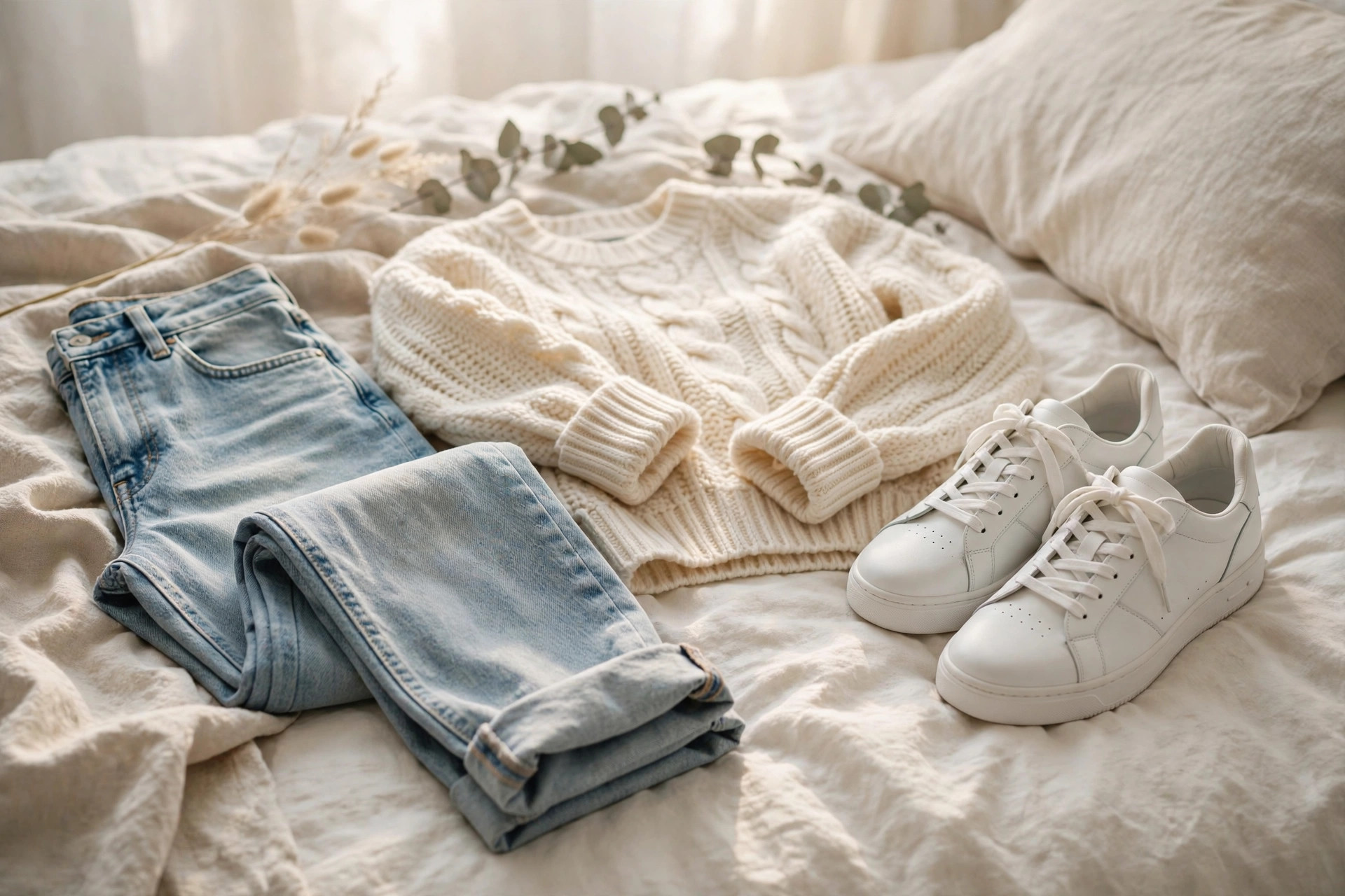 White sneakers styled with an outfit, essential shoe wardrobe for women