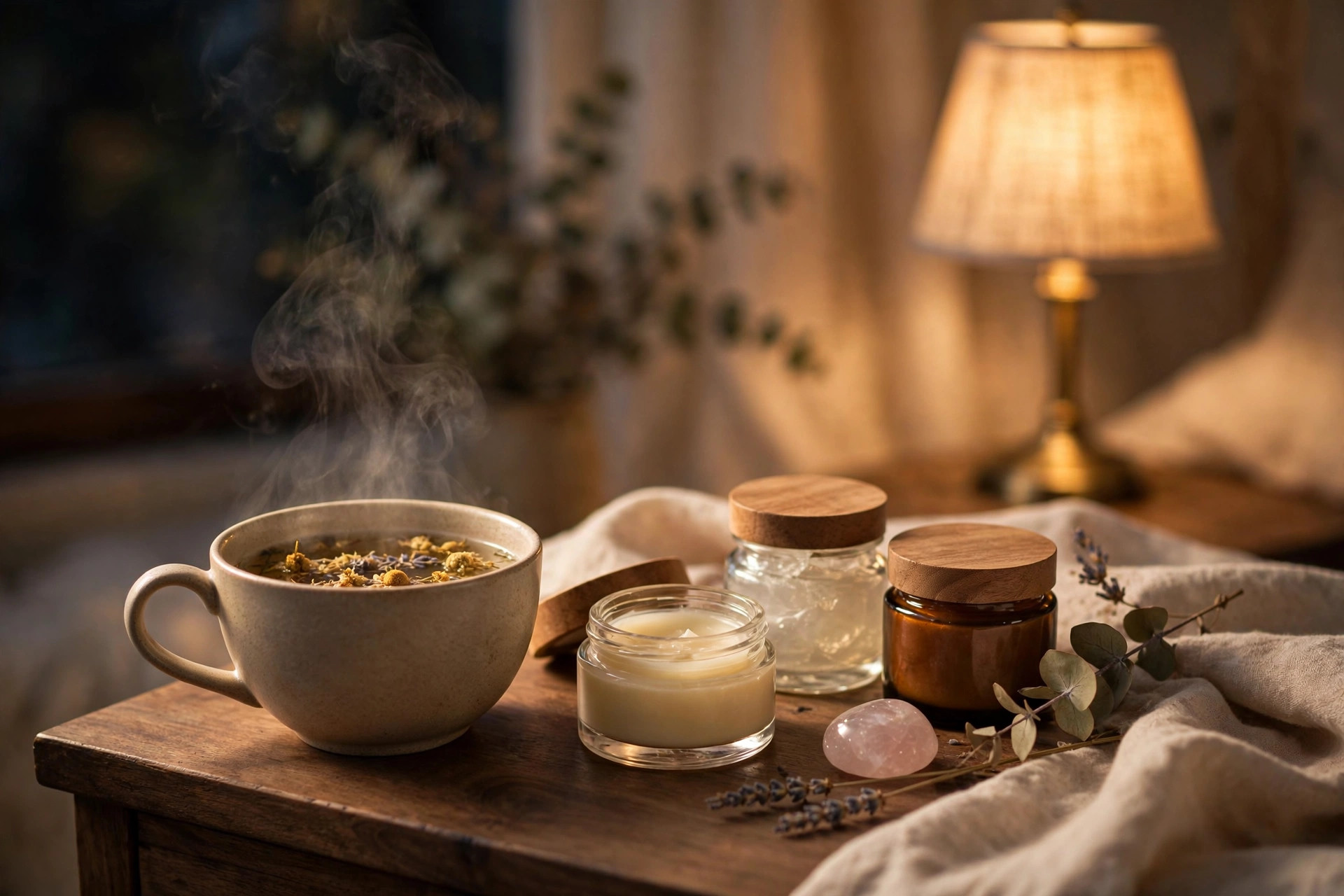Herbal tea beside skincare jars on a nightstand during an evening skincare routine