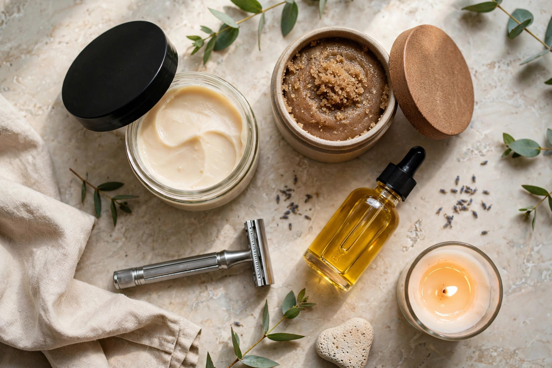 Flat-lay of everything shower essentials including a hair mask jar, body scrub, razor, body oil bottle, and a lit candle on a bathroom counter