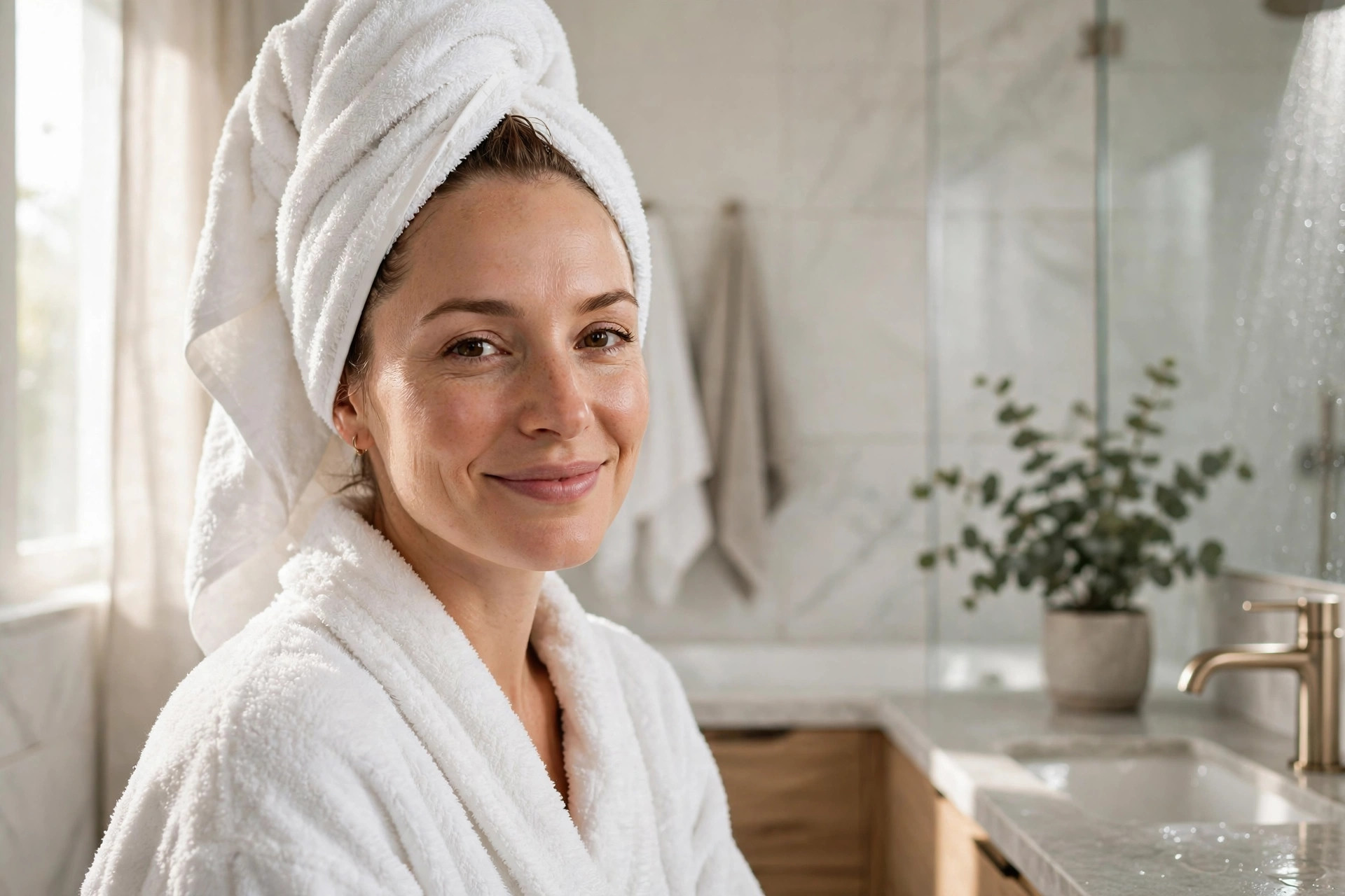 Woman in a fluffy white robe with her hair wrapped in a towel, smiling in a bright bathroom after her shower