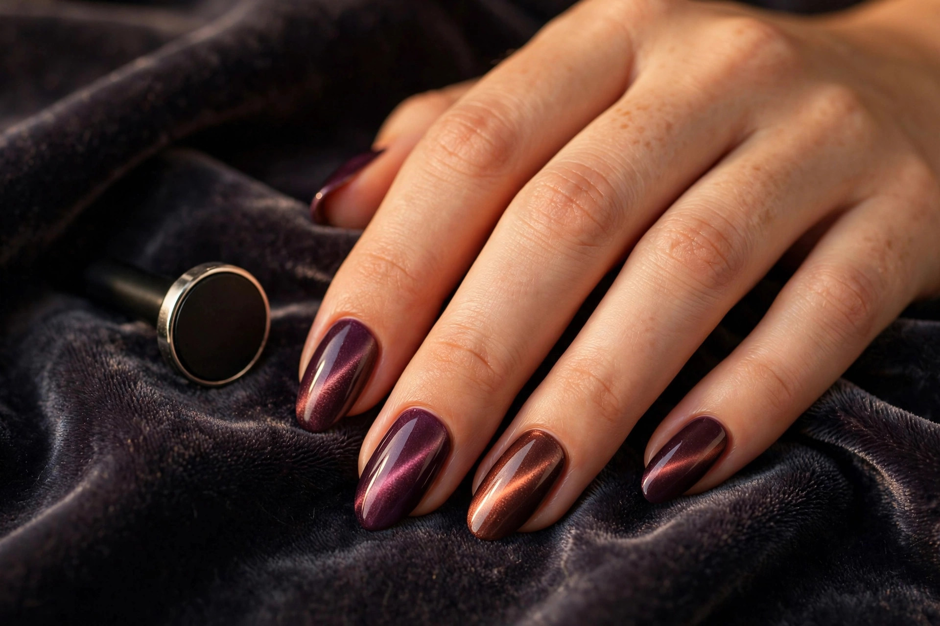 A hand with plum and copper cat-eye nails beside a small round nail-art magnet wand on dark velvet.