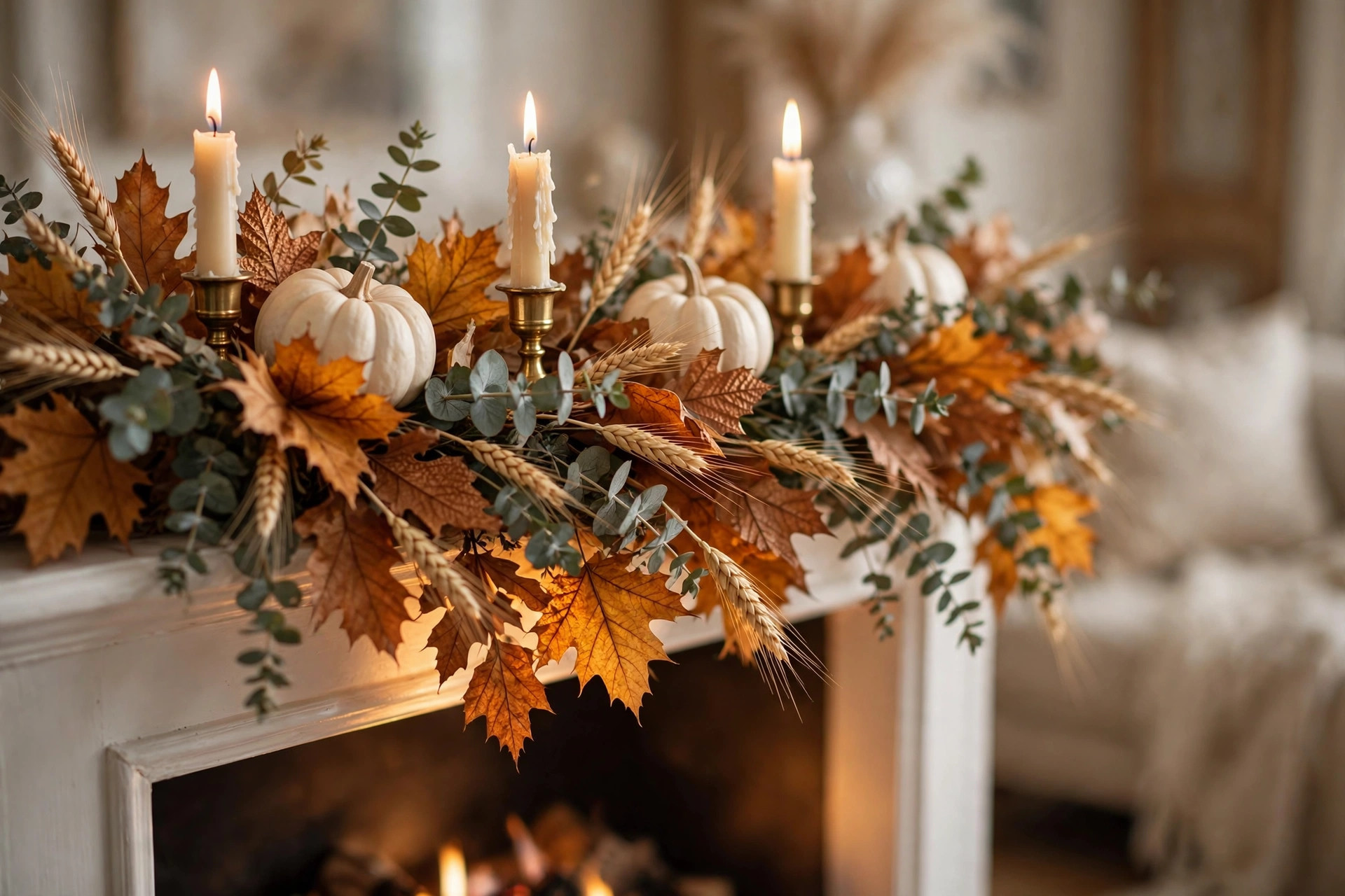 Close-up of an autumn mantel garland with dried leaves, eucalyptus and wheat draped over a white mantel with lit candles