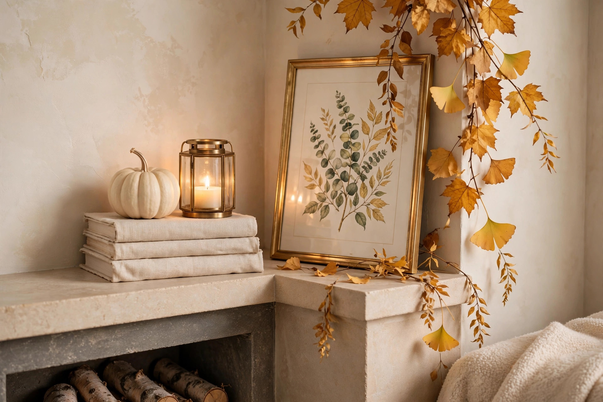 A styled mantel corner with stacked linen books, a small pumpkin, a glowing candle lantern and a trailing golden vine