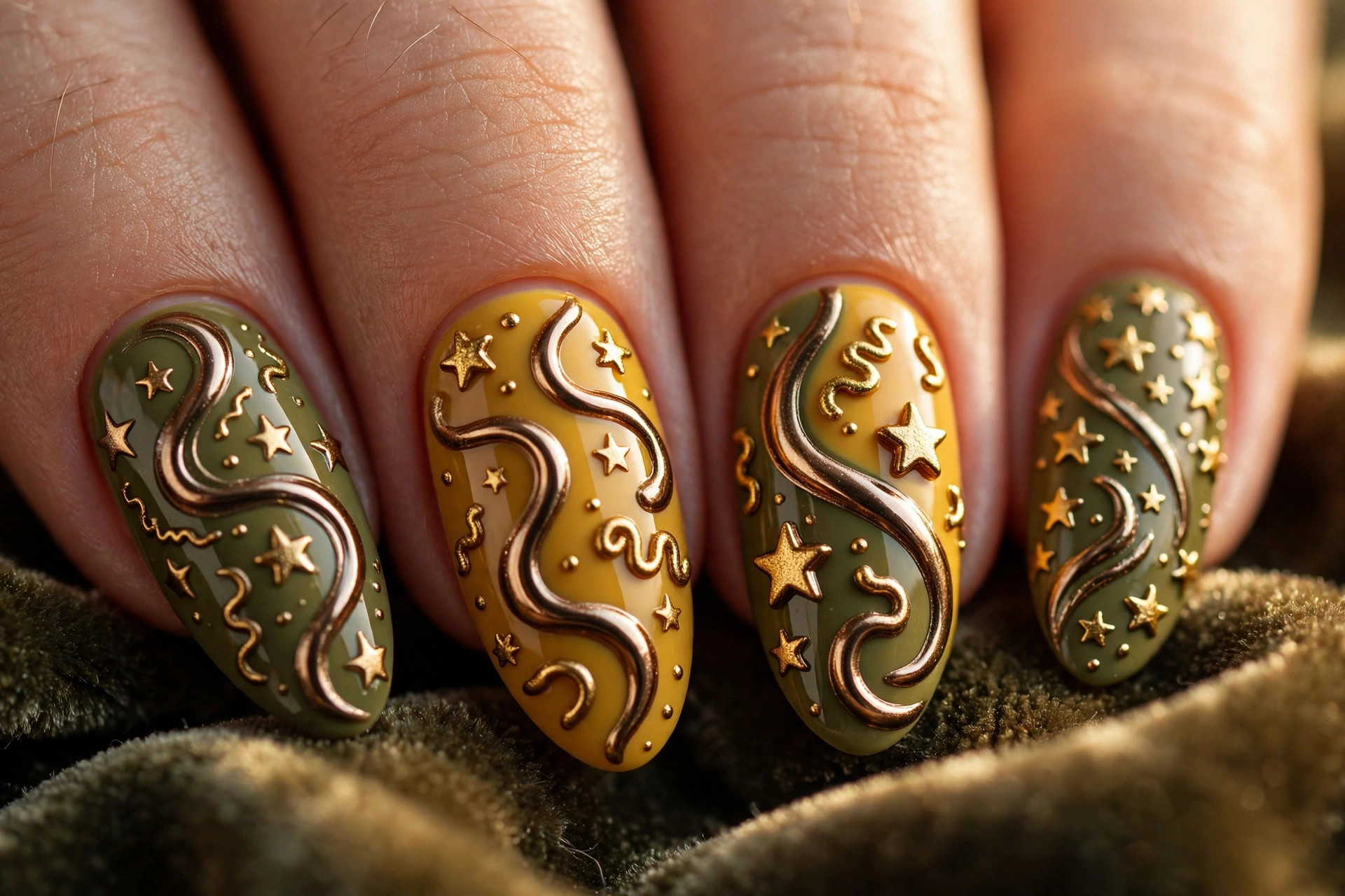 Macro close-up of funky 3D fall nail art with chrome bronze swirls and gold stars over mustard and olive green nails.