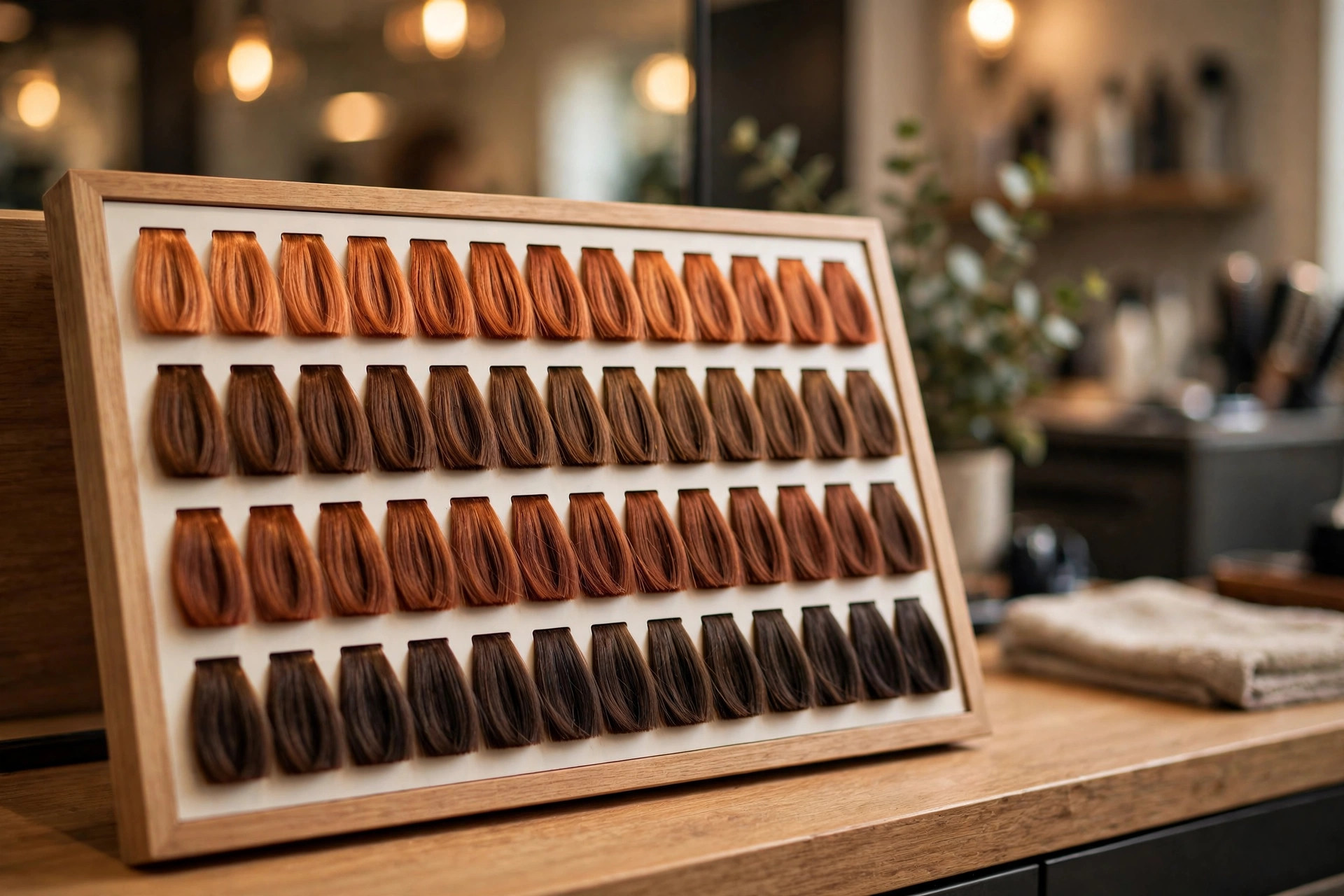 Hair salon colour bar showing copper, chocolate, auburn and espresso dye swatches