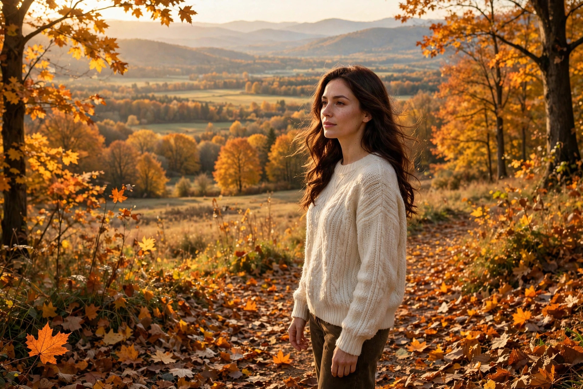 Woman with glossy chocolate brown hair in a cozy sweater, autumn leaves in background