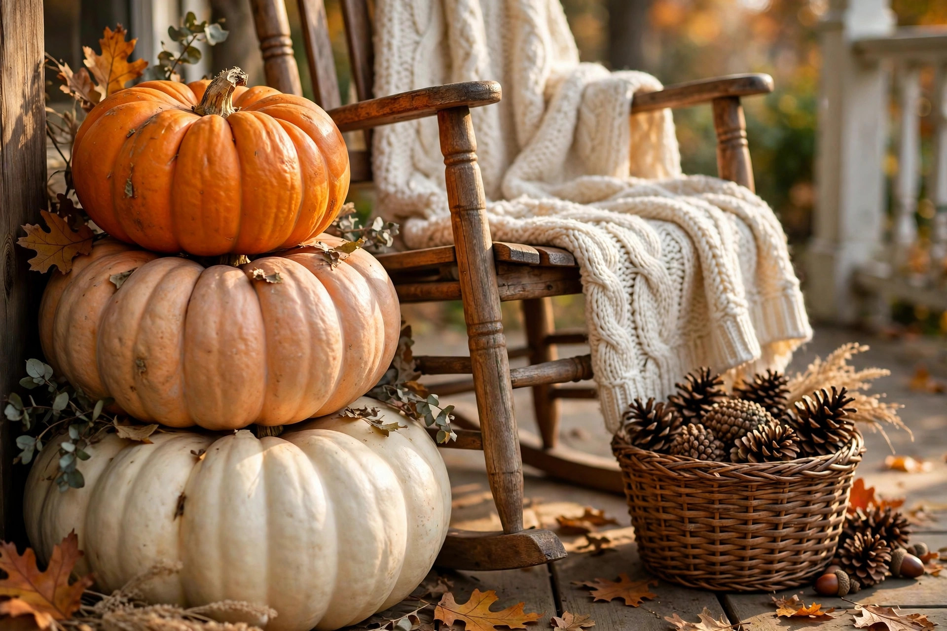 Close-up of stacked pumpkins, a knit throw blanket and a basket of pinecones on a fall porch