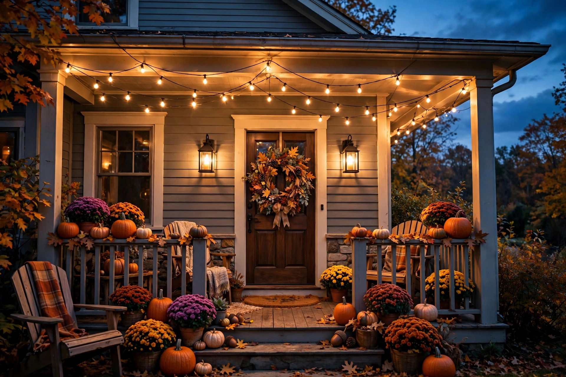 Fall porch at dusk glowing with string lights, lanterns and a wreath on the front door
