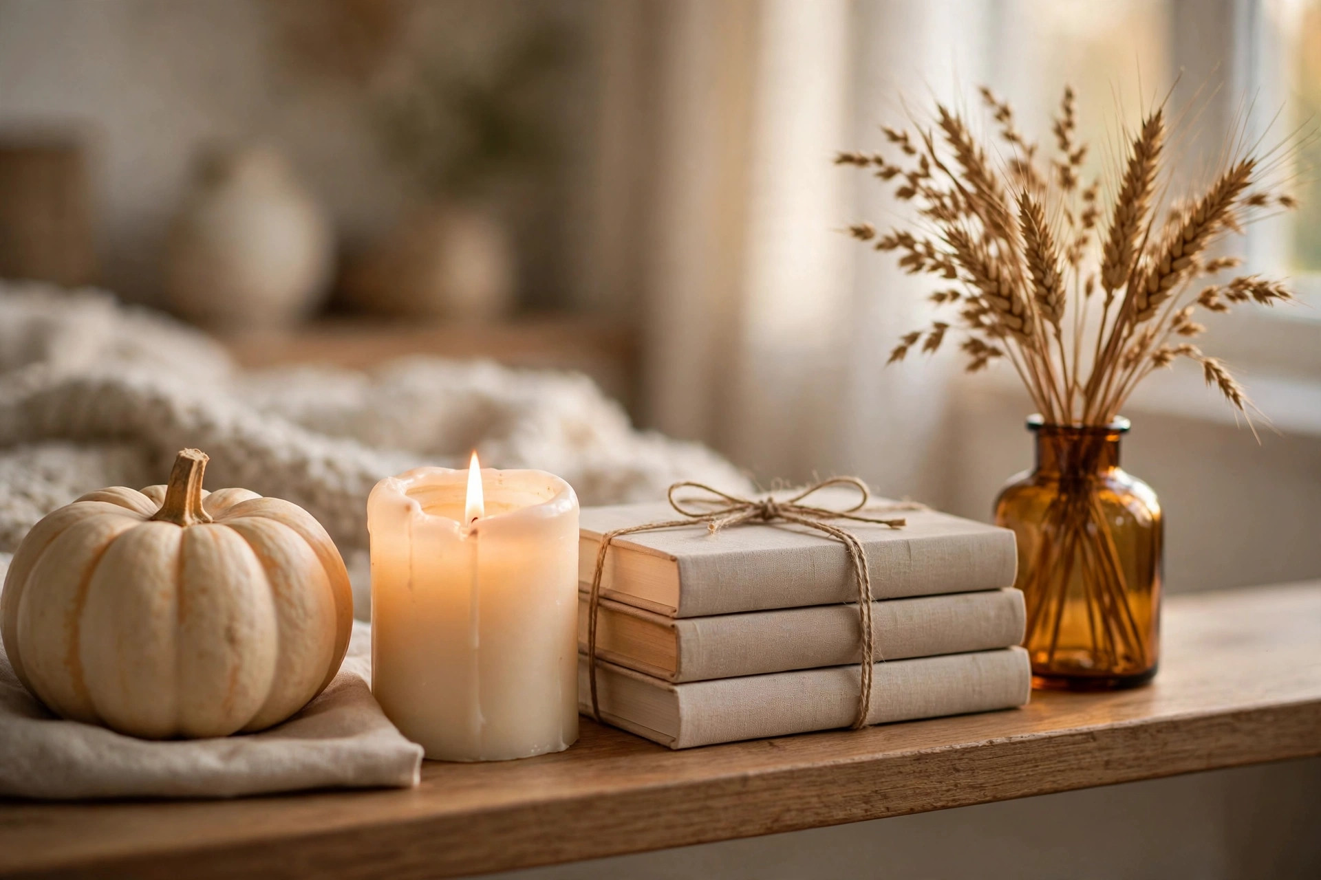 A close-up autumn shelf vignette with a cream pumpkin, a glowing pillar candle and stacked books beside an amber vase of dried wheat