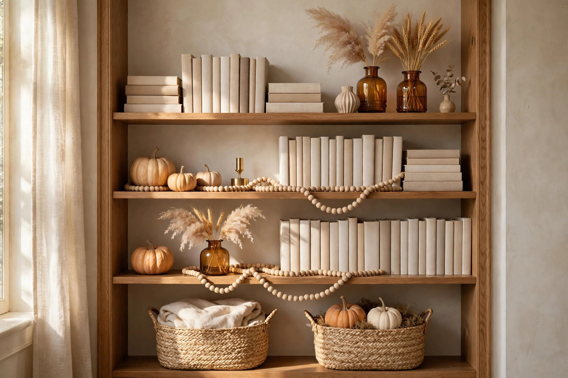 A bookshelf styled for fall with woven baskets, amber glass vases, dried pampas grass, small pumpkins and a wooden bead garland