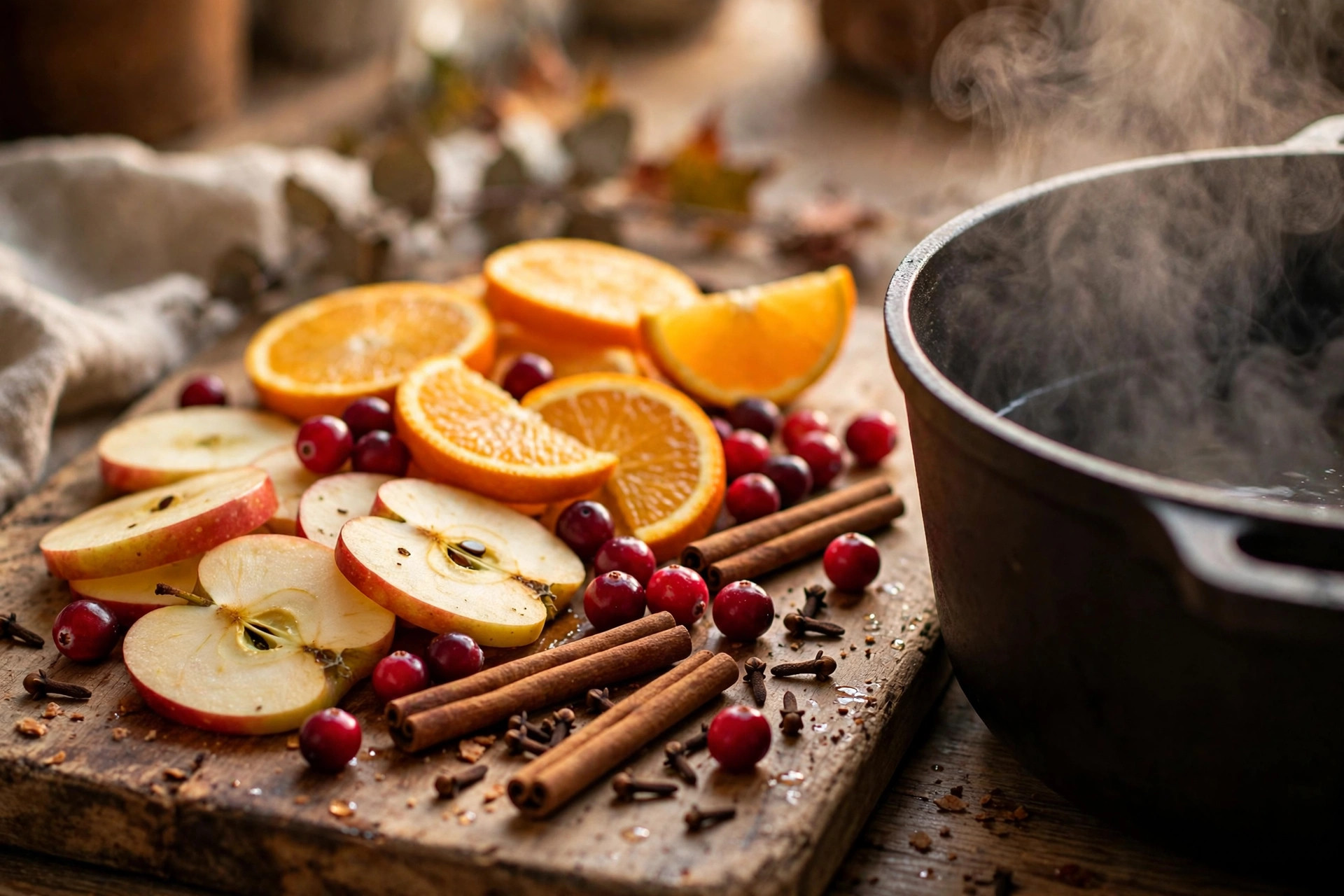 Simmer pot ingredients arranged on a wooden board: sliced apples, orange rounds, cinnamon sticks, cloves and cranberries beside a steaming pot