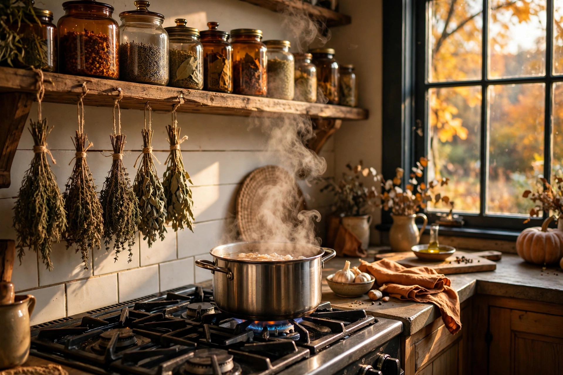 Cozy kitchen with a simmering pot on the stove, dried herbs hanging nearby and amber glass jars on a wooden shelf in warm afternoon light