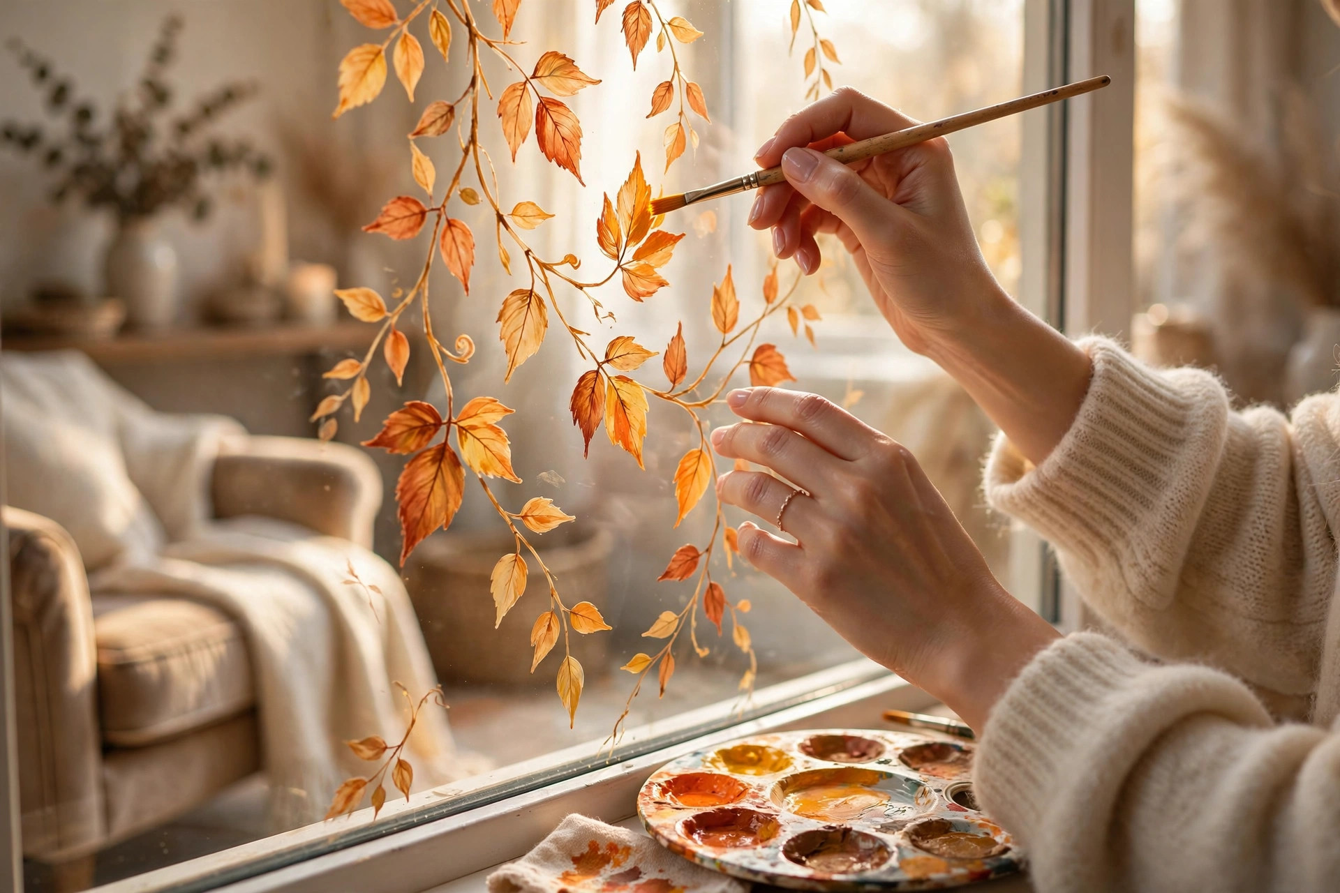 Hands painting delicate autumn leaves onto a large glass window with a brush, with a palette of orange, gold and rust paint nearby