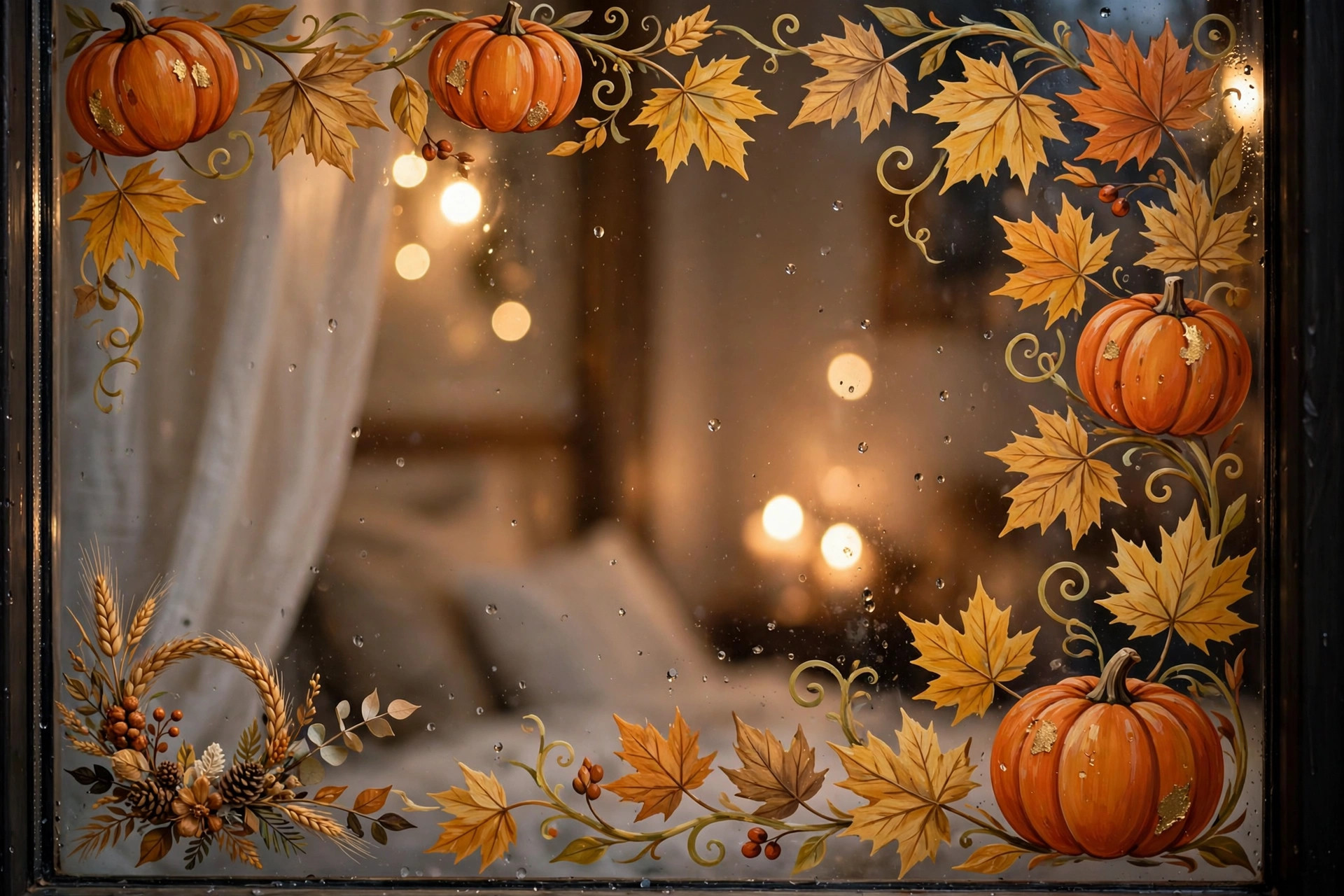 Close-up of a finished hand-painted autumn window with painted pumpkins, maple leaves and vines forming a decorative border on the glass