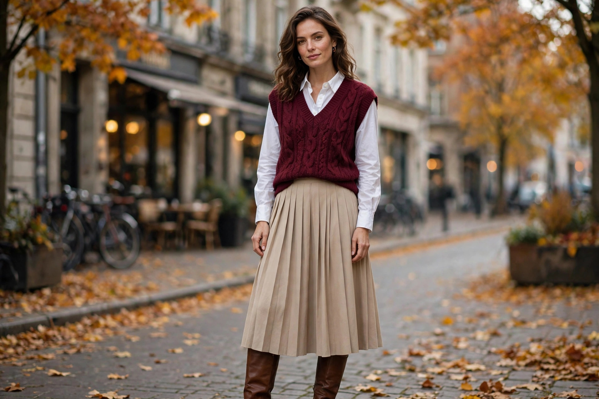 Woman wearing a burgundy sweater vest over a white shirt with a pleated midi skirt and knee-high boots