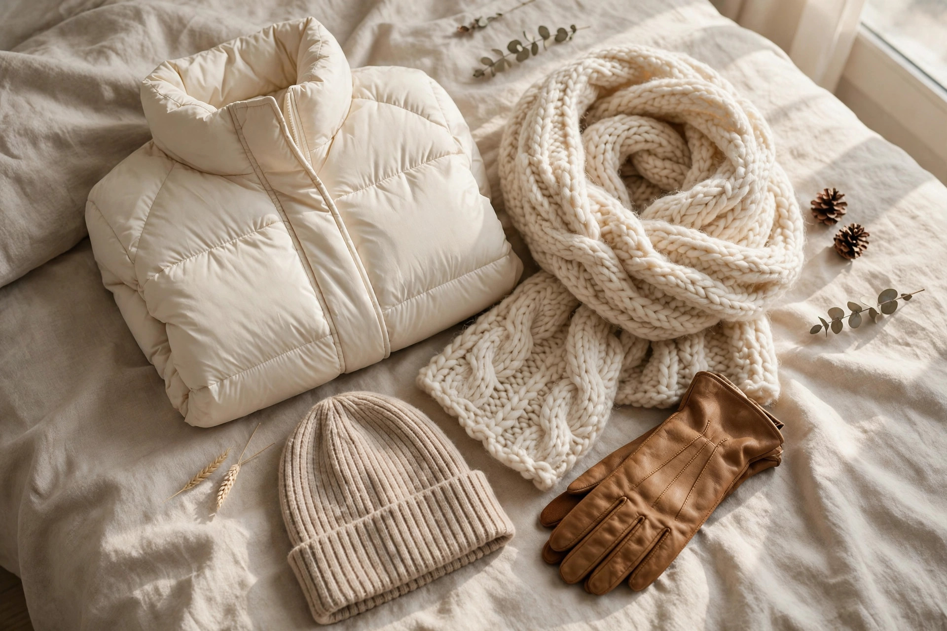 Cozy winter outfit flat lay with a cream puffer jacket, knit scarf and gloves in soft window light
