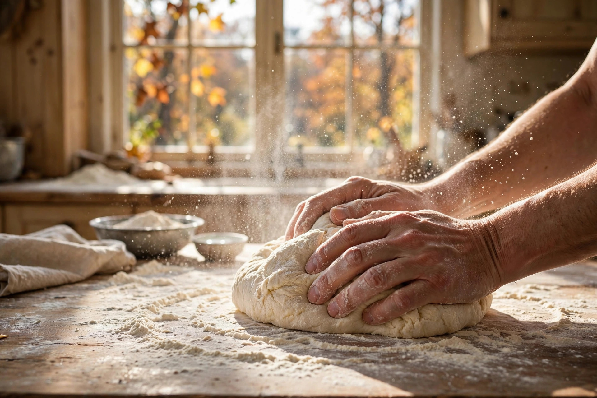 A wide landscape photograph of hands kneading bread dough on a floured wooden worktop in a sunlit kitchen, with a dusting of flour in the air and a window showing autumn trees behind. No text or words visible in the image.