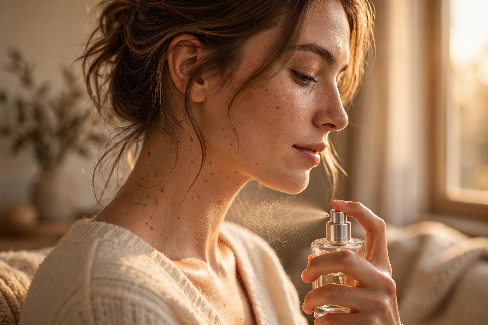 Woman spritzing perfume on her neck in soft golden light.