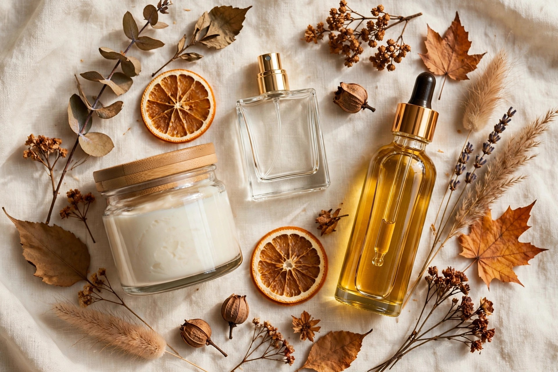 Flat lay of body lotion, body oil, and perfume with dried flowers for fragrance layering.
