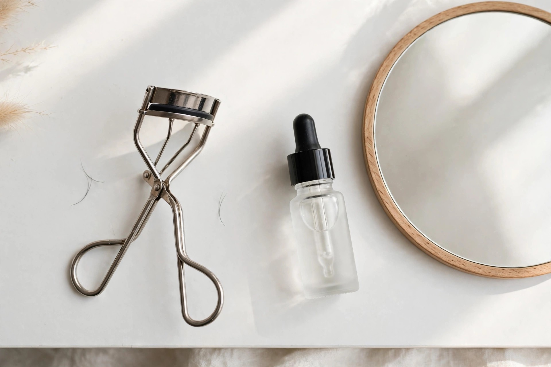 Eyelash curler and lash serum arranged on a clean white vanity next to a mirror
