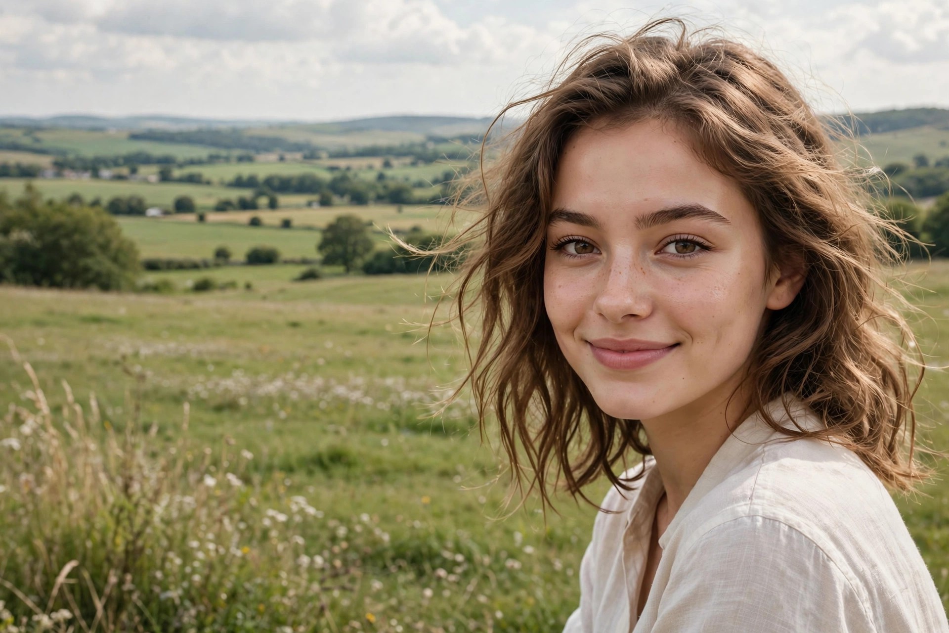 Fresh-faced young woman with minimal makeup and naturally defined lashes smiling softly