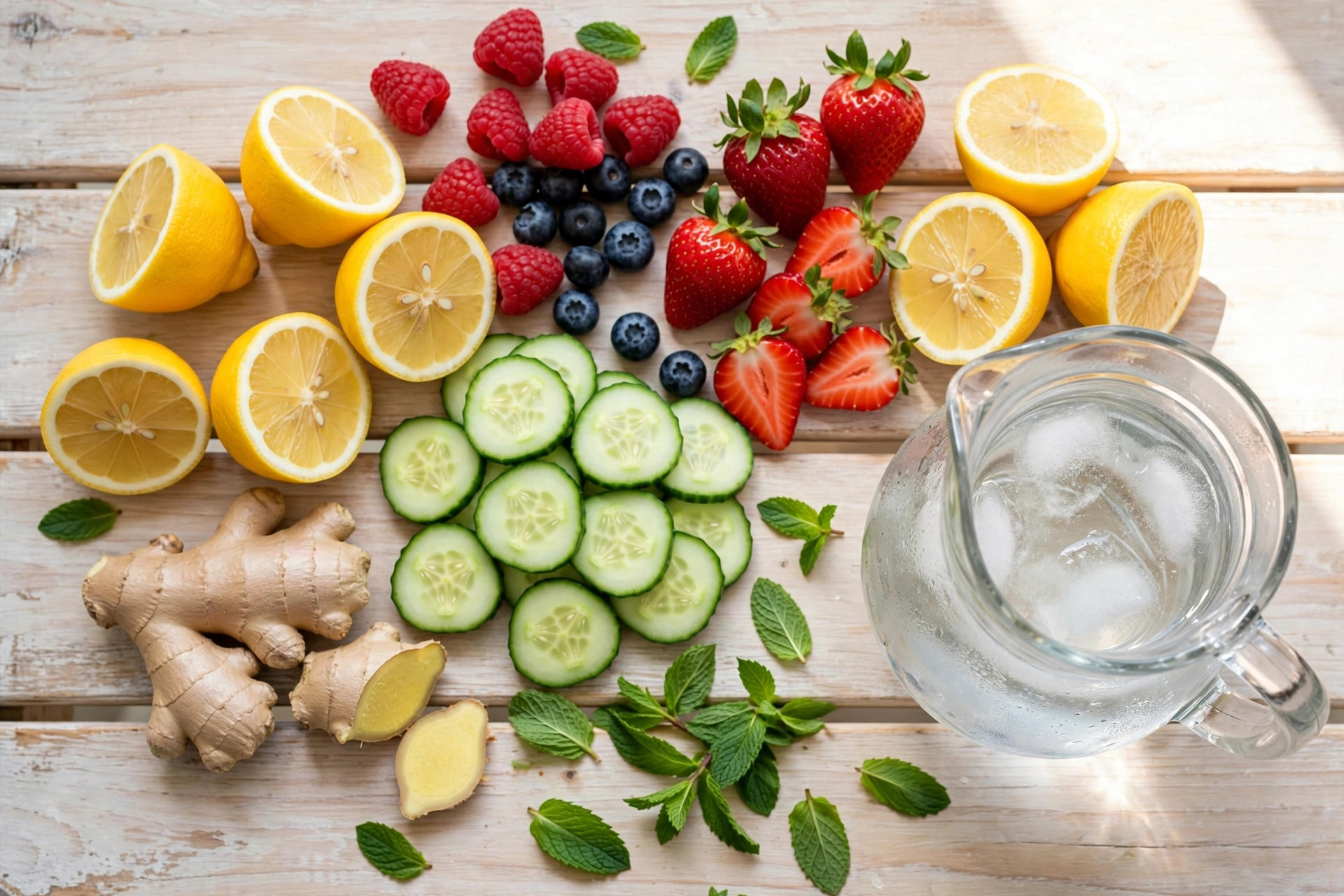 Flat lay of fresh ingredients for skin glowing drinks including lemons, berries, cucumber, ginger, and mint on a light wooden table