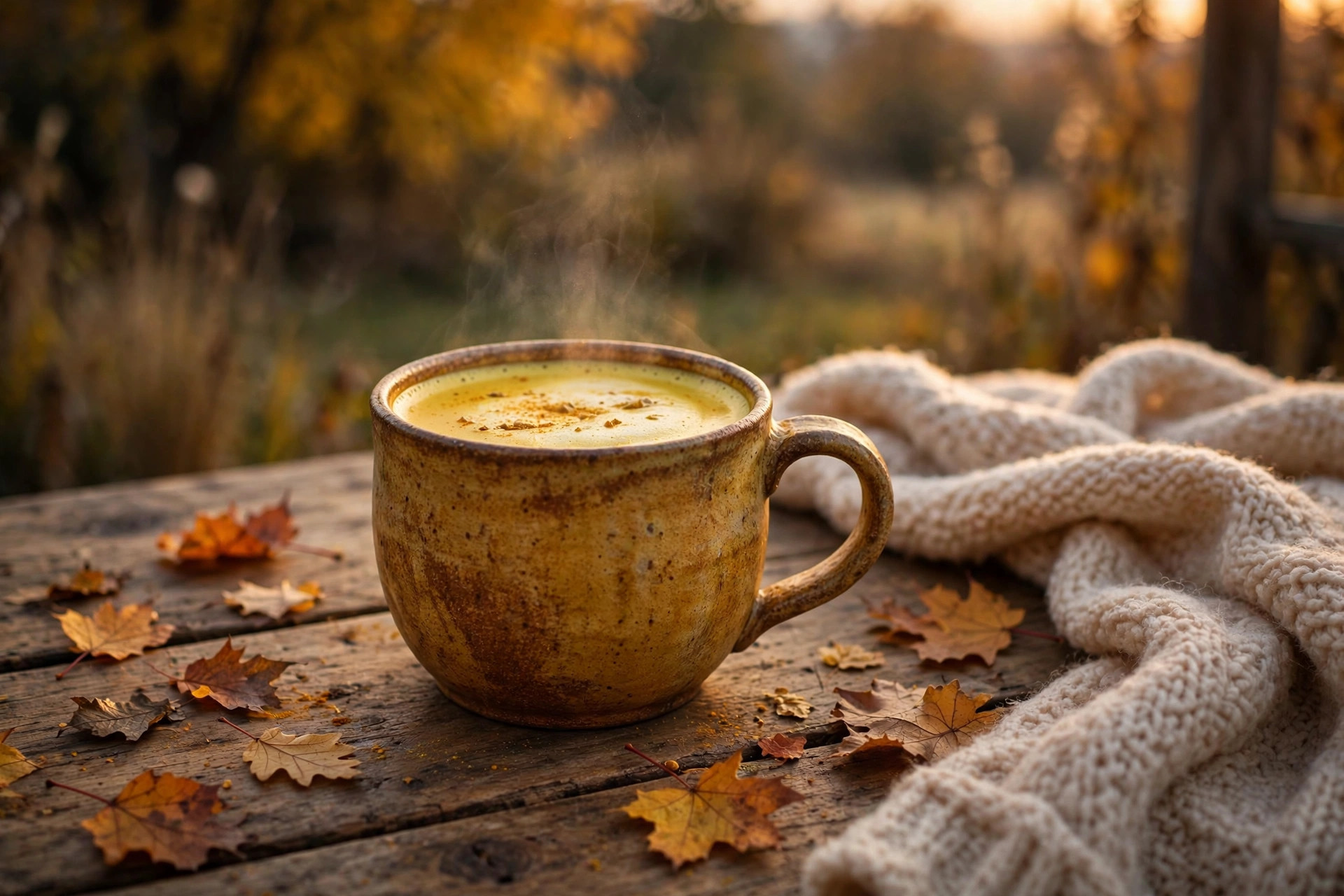 Warm golden turmeric milk latte in a ceramic mug on a cozy table with a knit blanket and autumn leaves nearby