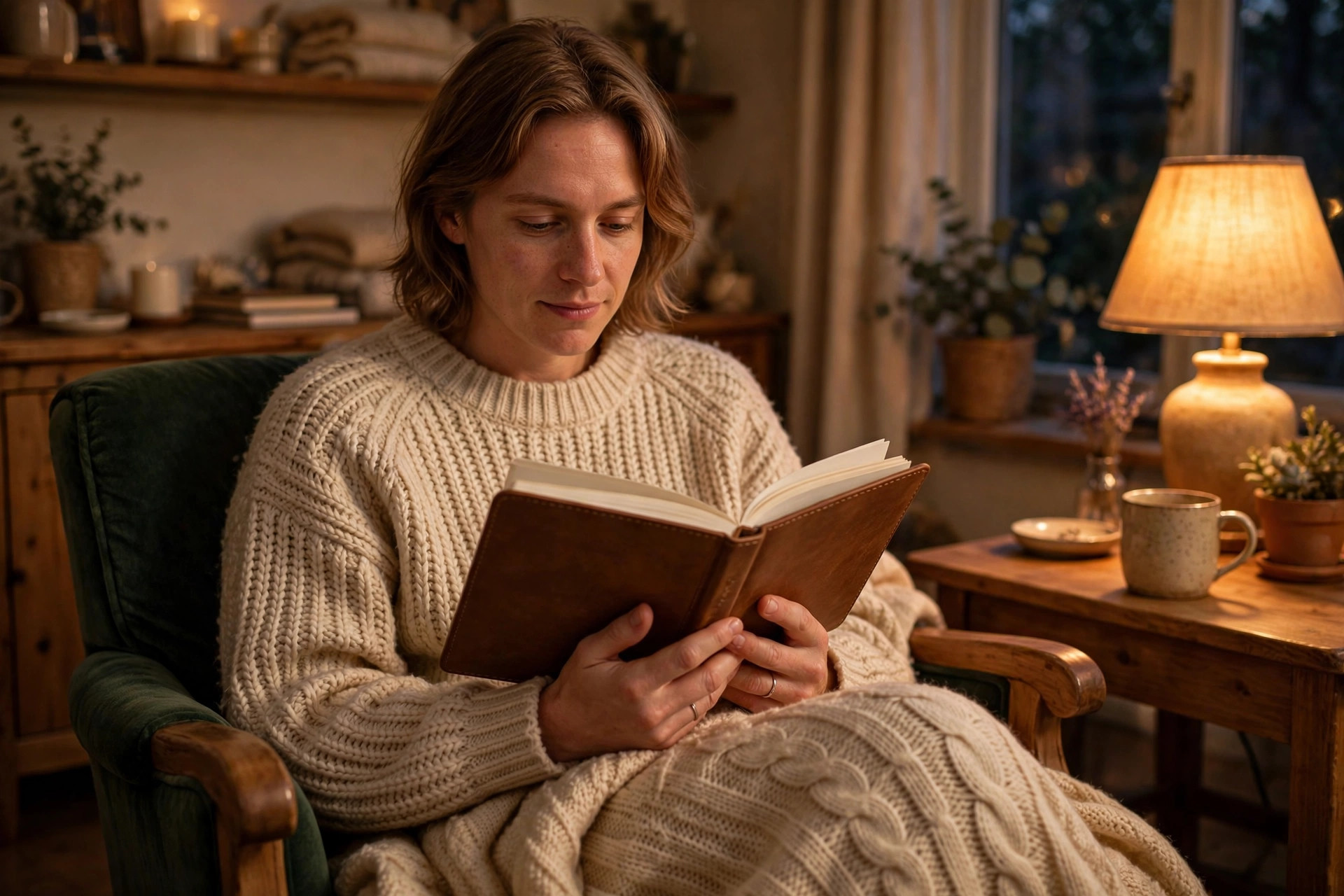 Person holding an open journal while sitting in a cozy armchair with a knitted blanket, reading by warm lamplight