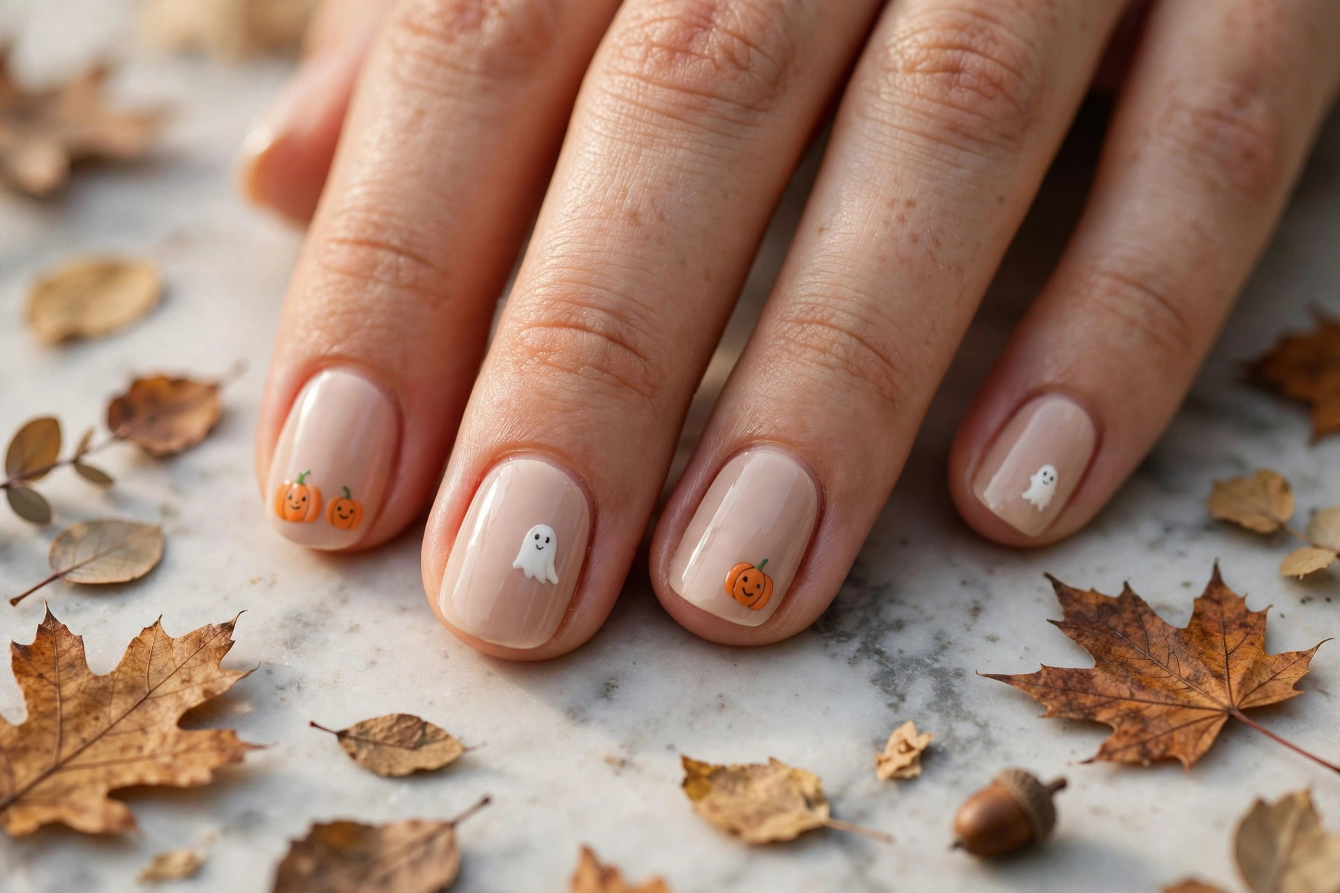Close-up of cute minimalist Halloween nail art with tiny white ghosts and orange pumpkins on nude nails