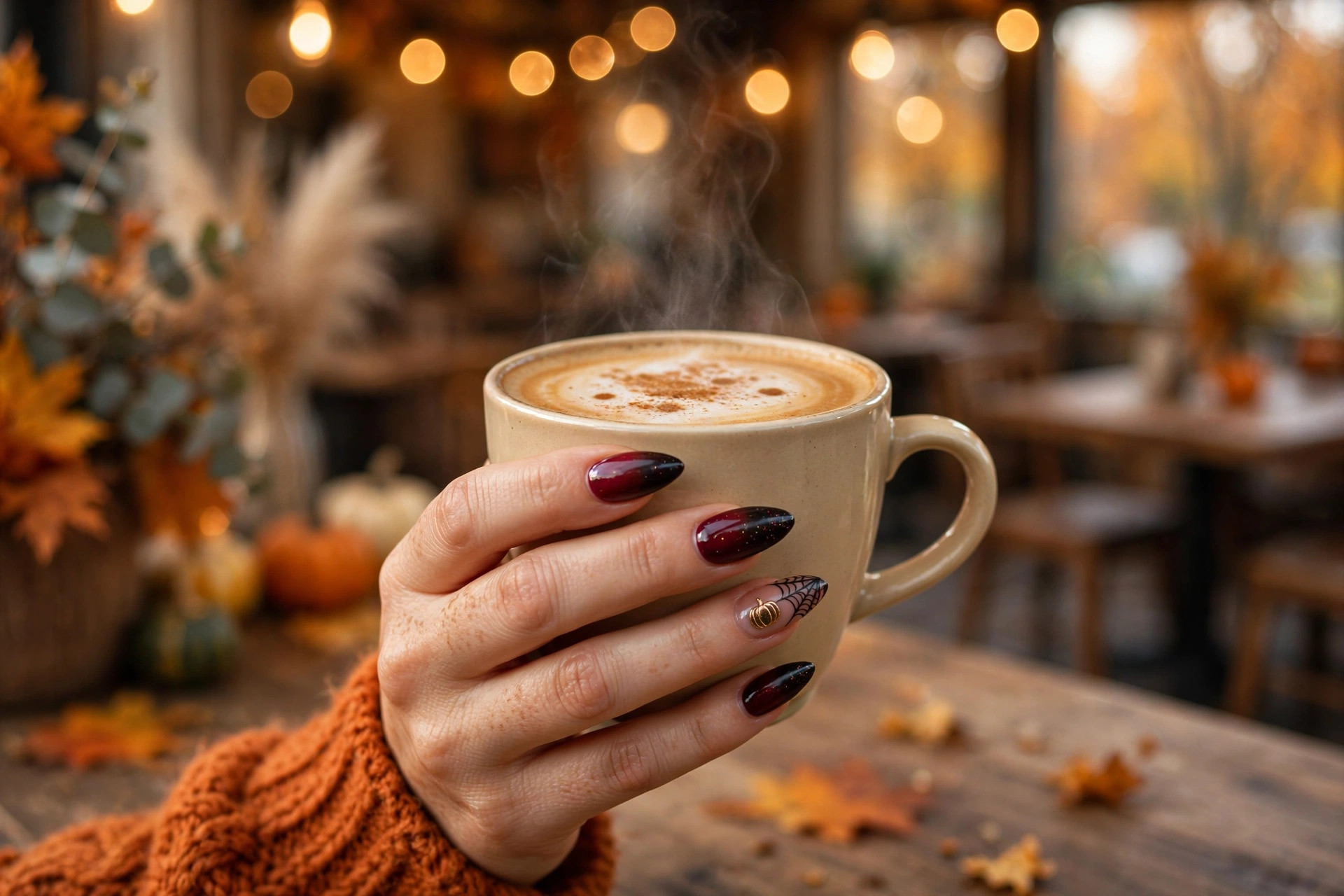 Woman's hand with deep burgundy and black ombre Halloween nails holding a pumpkin spice latte in a cozy cafe