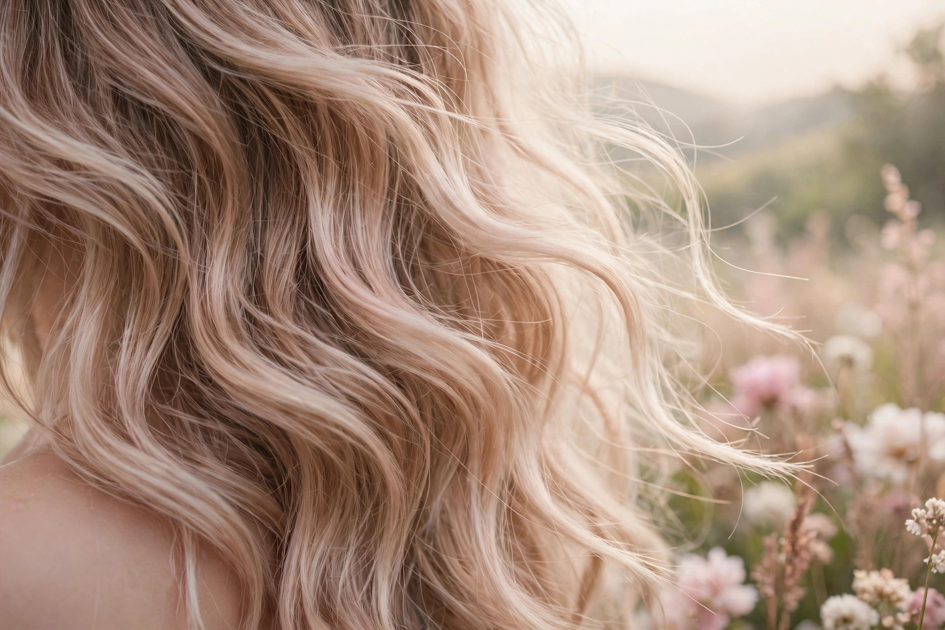 Close-up of soft heatless waves in natural light, heatless curls overnight waves