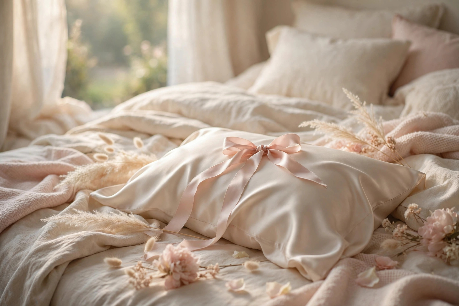 Satin pillowcase with a silk hair ribbon, heatless curls overnight waves