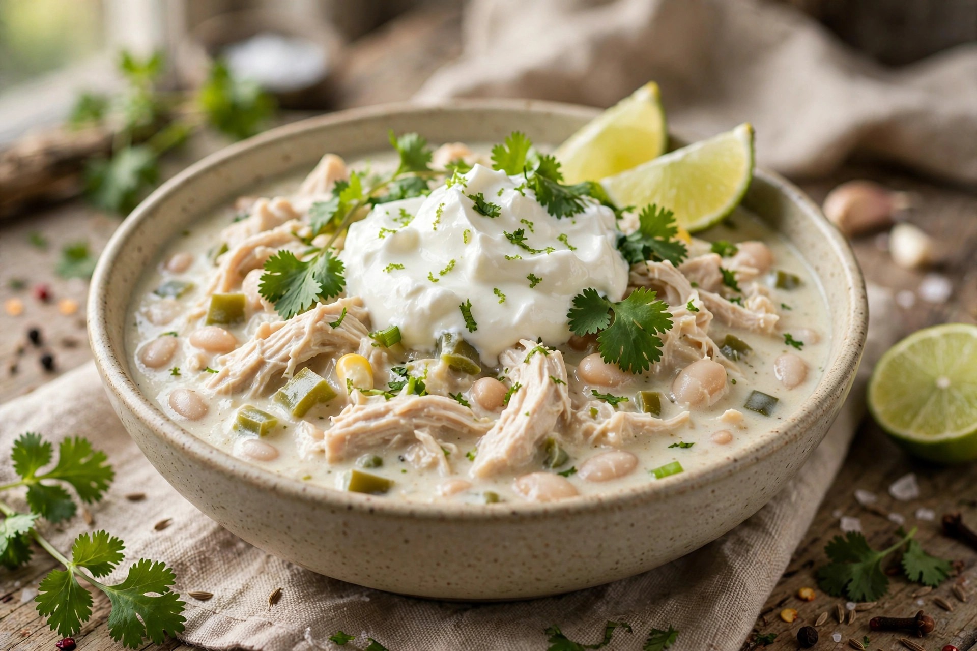 A bowl of creamy white chicken chilli topped with Greek yoghurt, coriander and lime.