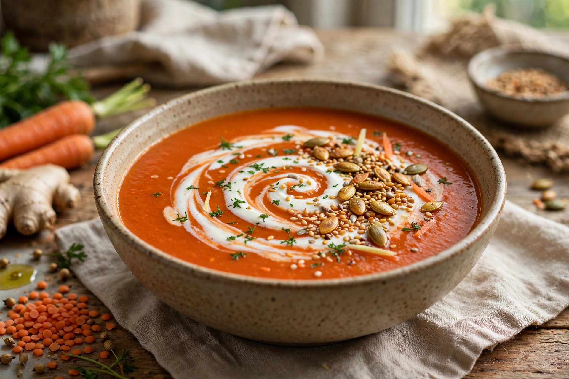A bowl of silky red lentil, carrot and ginger soup with a yoghurt swirl and toasted seeds.