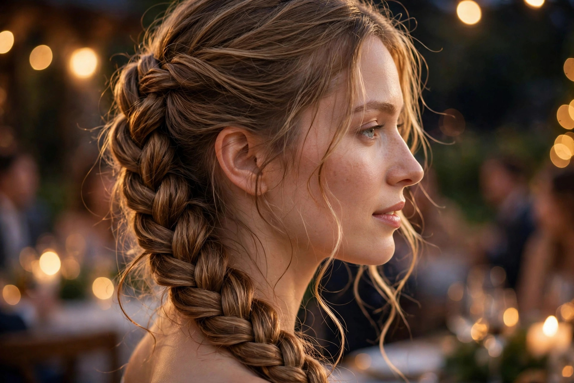 Side view of a long fishtail braid hairstyle with loose romantic tendrils in warm festive lighting.