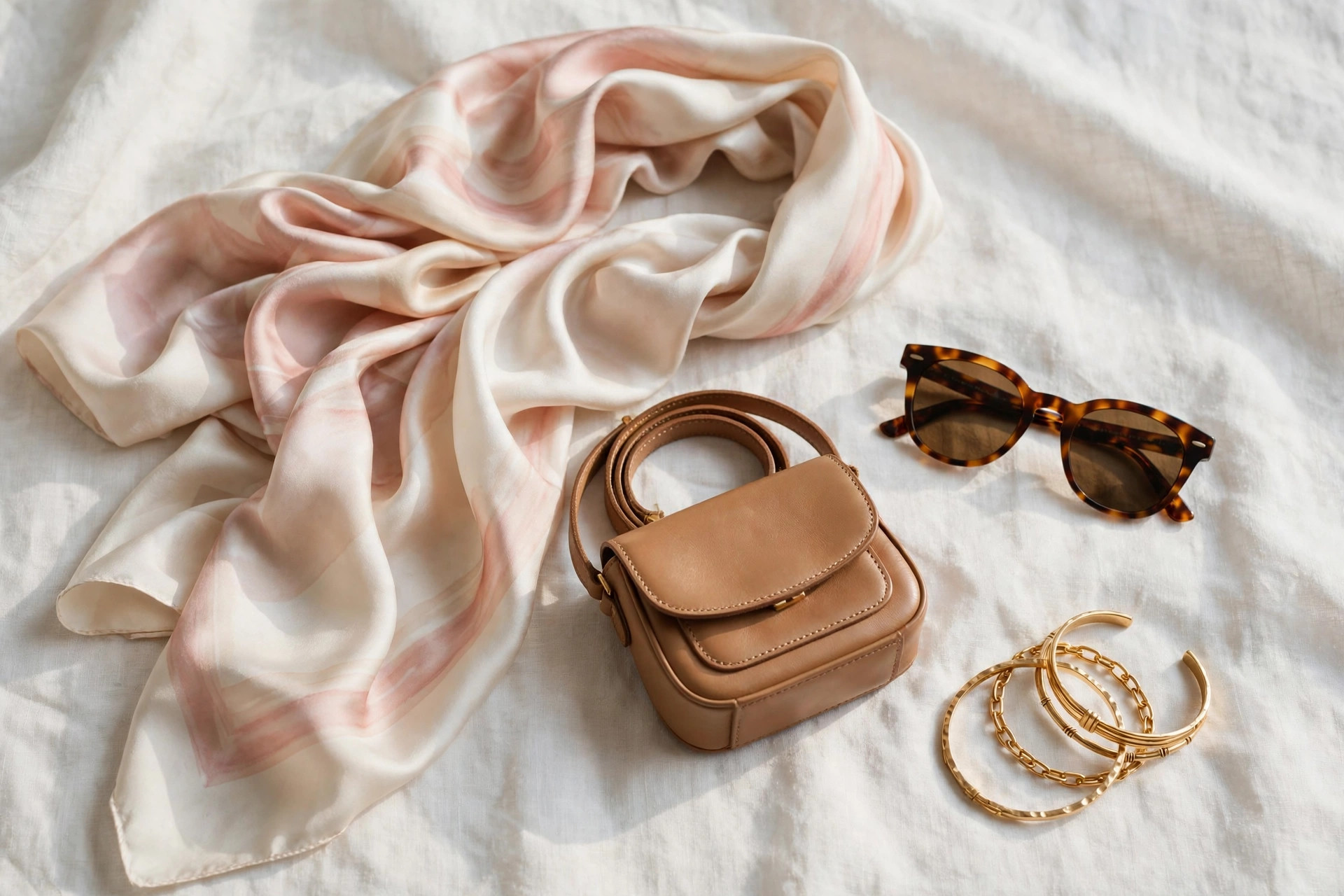 Silk scarf handbag and sunglasses in a flat lay, how to accessorize a simple outfit