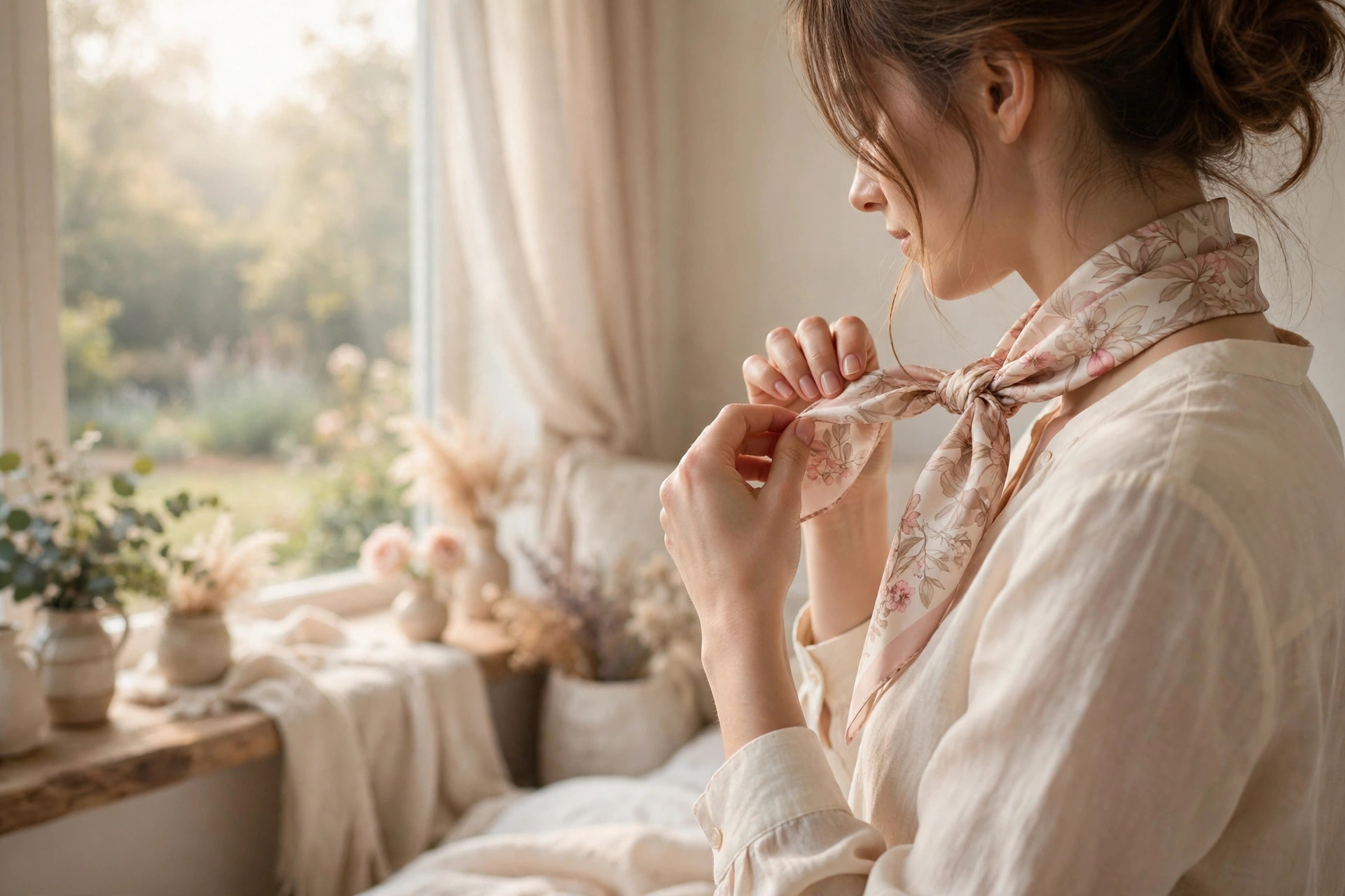 Woman tying a silk scarf around her neck, how to accessorize a simple outfit