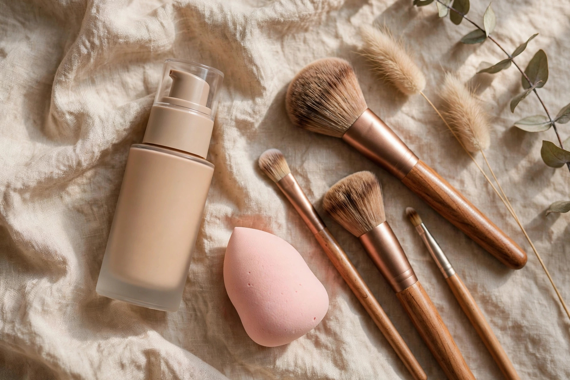 Flat lay of foundation bottle, sponge and brushes for learning how to apply foundation naturally