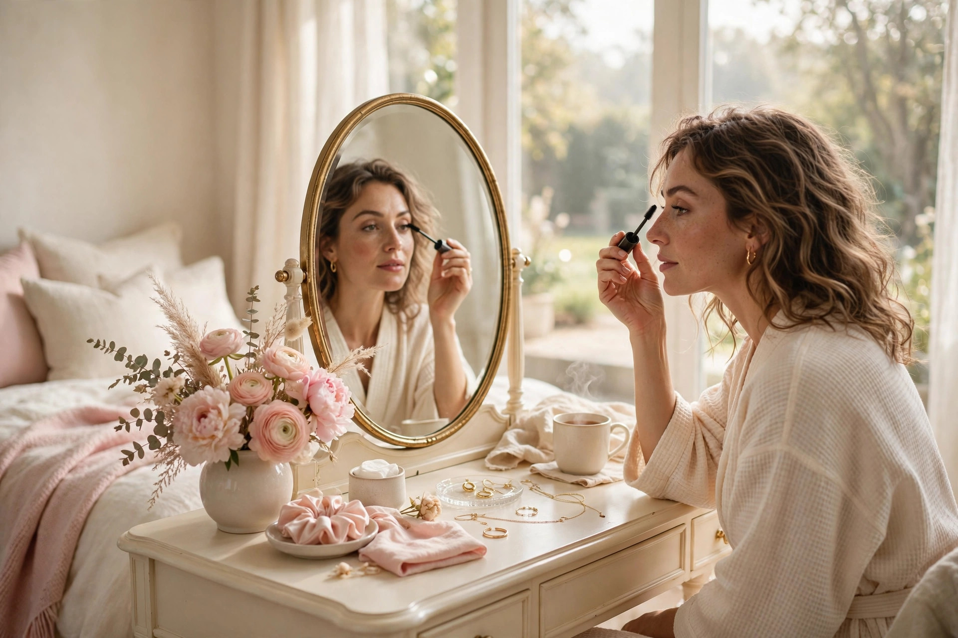 Woman applying mascara at a vanity mirror, how to apply mascara without clumps