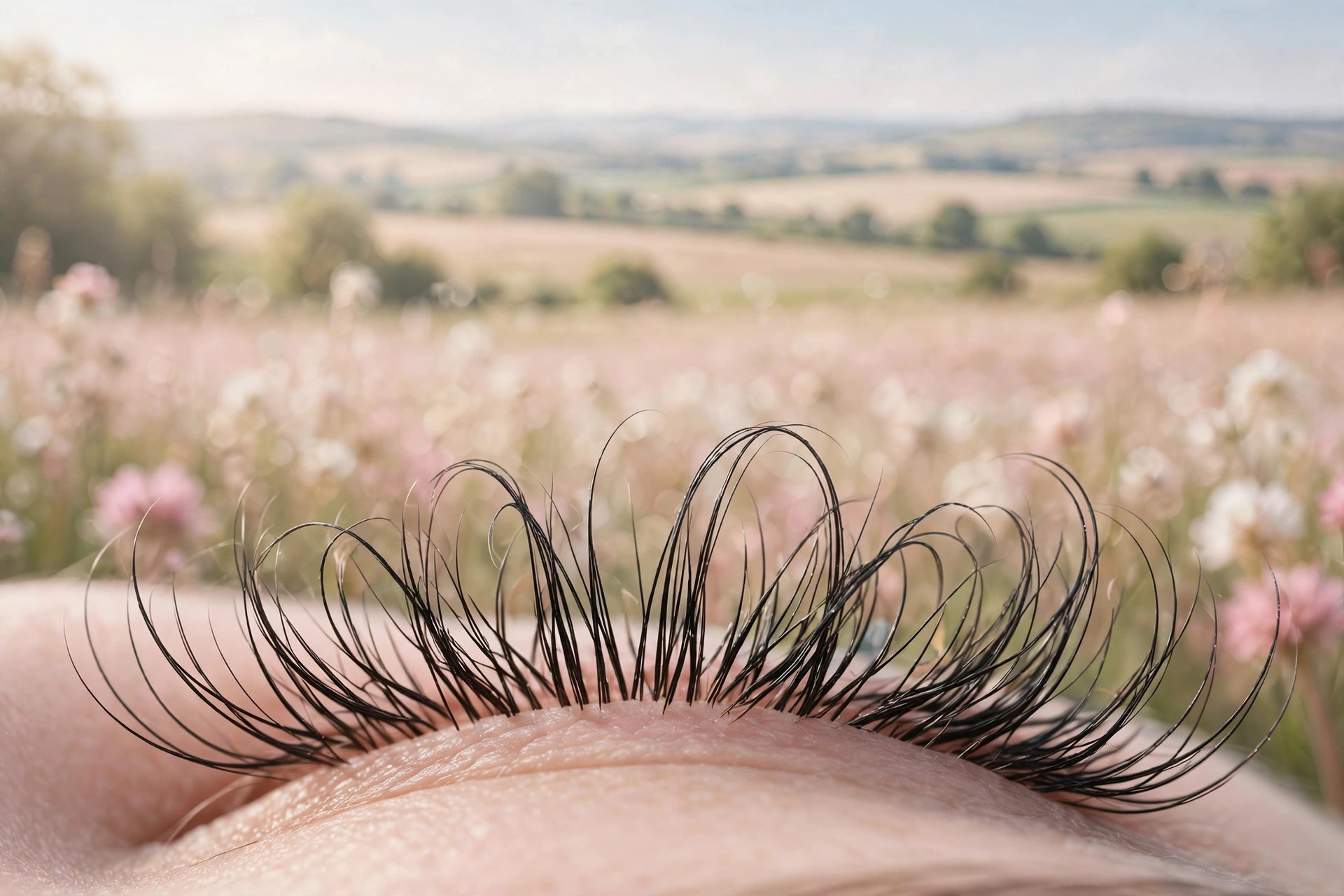 Macro of long curled lashes in soft daylight, how to apply mascara without clumps