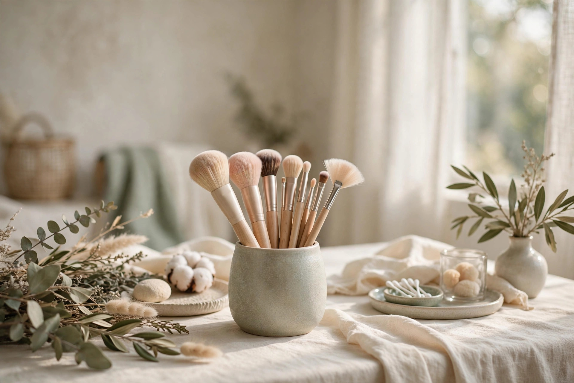 Clean makeup brush collection in a ceramic holder, how to clean your makeup brushes