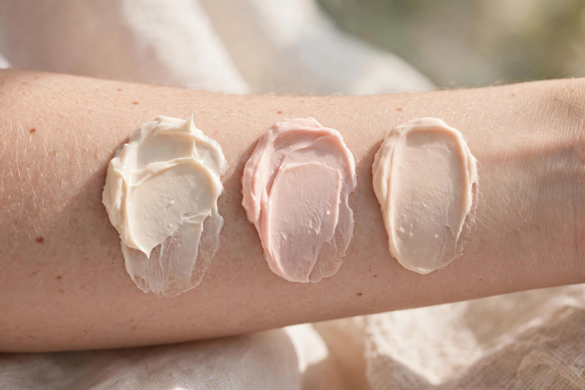 Close-up of skincare texture swatches on skin, how to determine your skin type