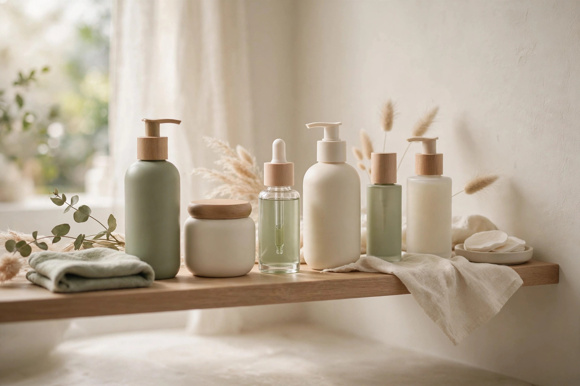 Gentle cleansers lined up on a bathroom shelf, how to determine your skin type