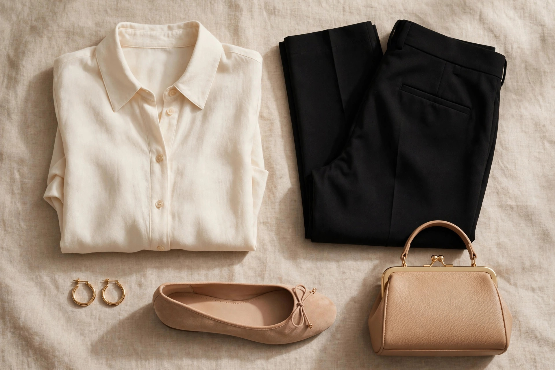 Flat lay of an elegant budget outfit with blouse, trousers and simple accessories