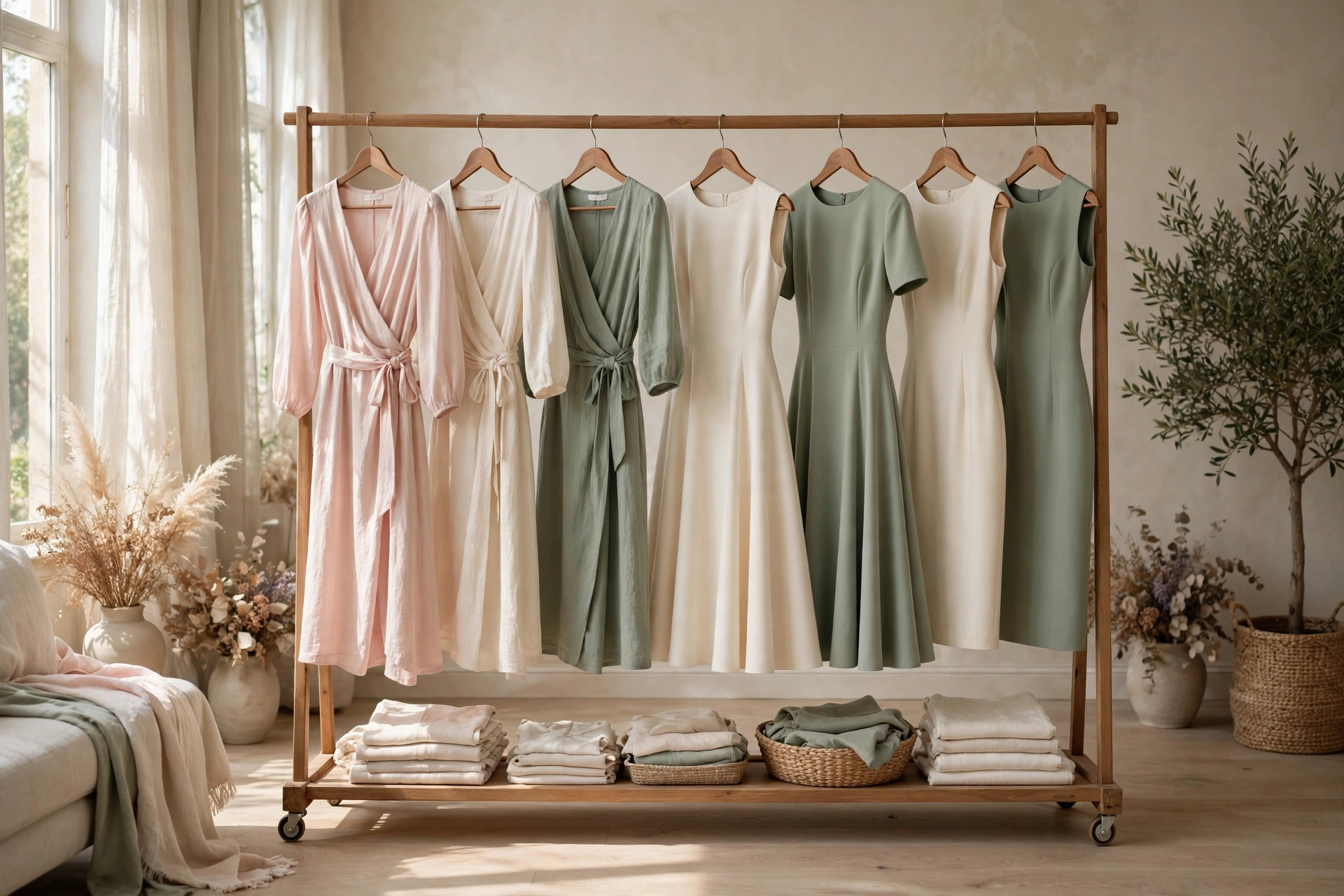Rack of dresses in flattering silhouettes, how to dress for your body shape