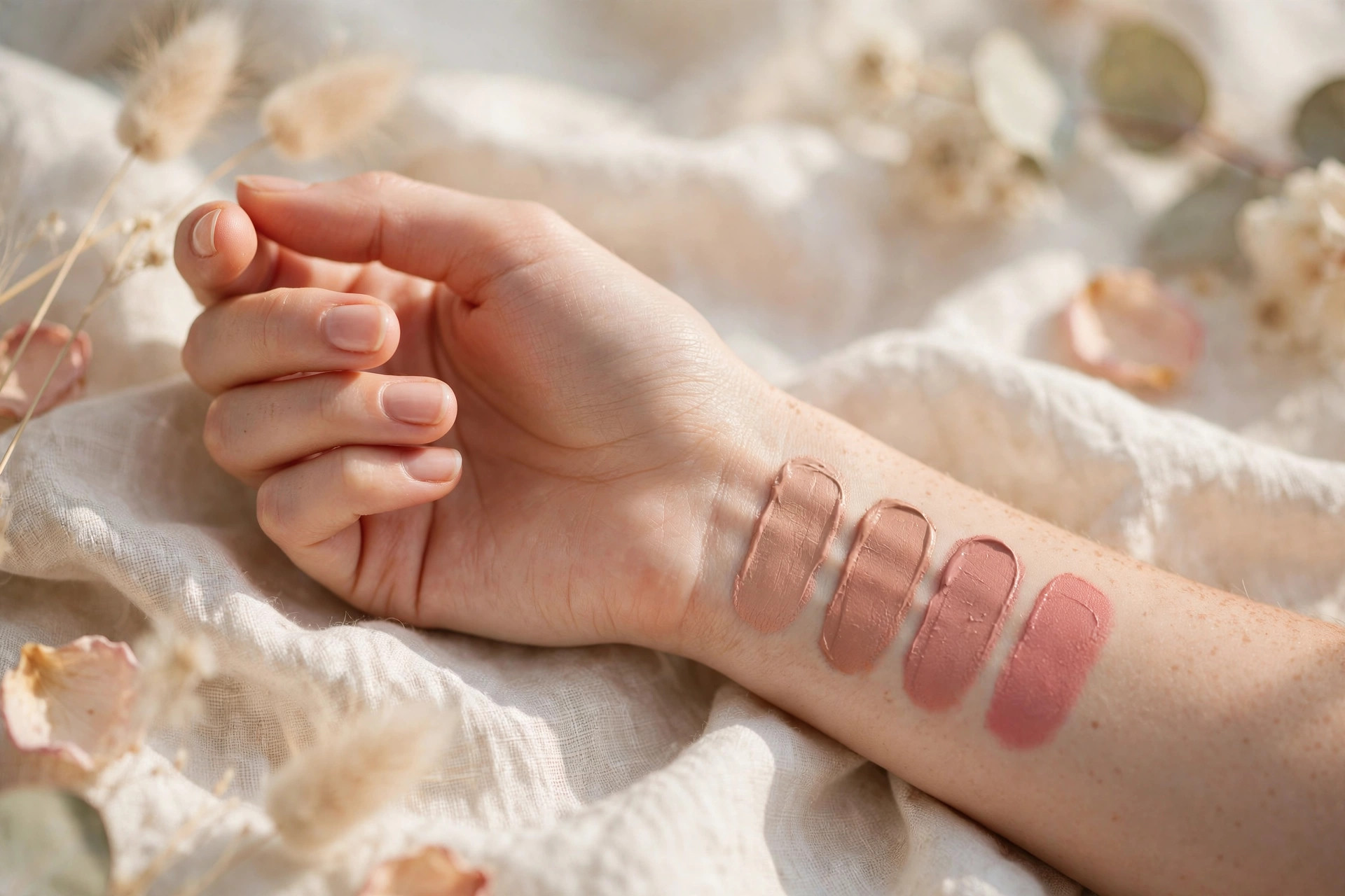 Hand swatching nude lipstick shades on a wrist, how to find your perfect nude lipstick shade