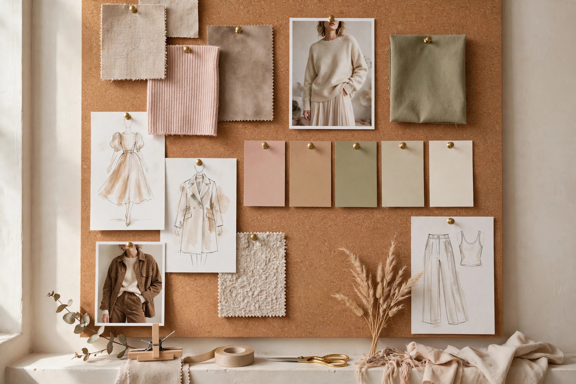 Style mood board with fabric swatches and outfit photos pinned to a corkboard