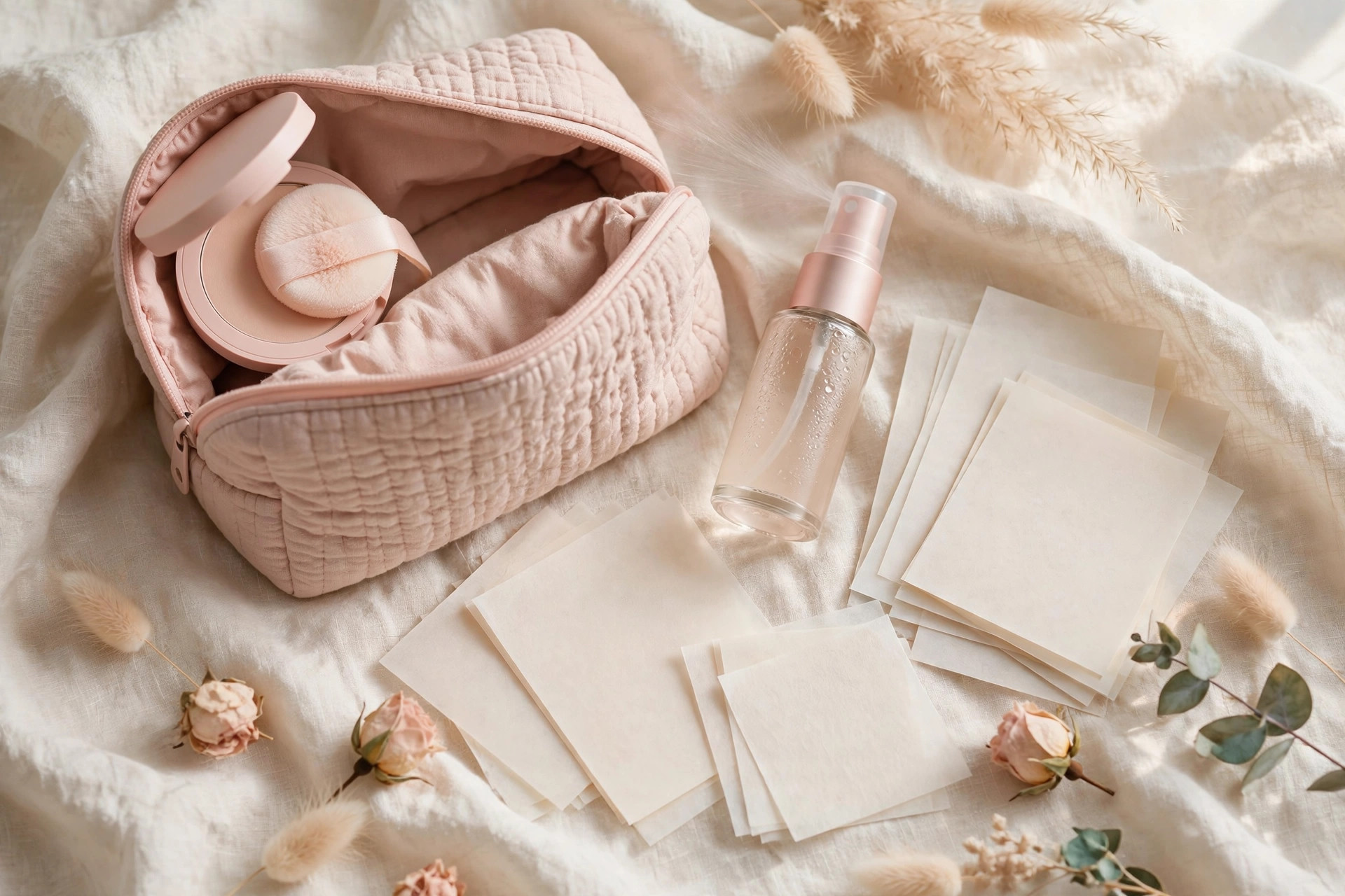 Makeup bag essentials flat lay on cream linen, how to make your makeup last all day