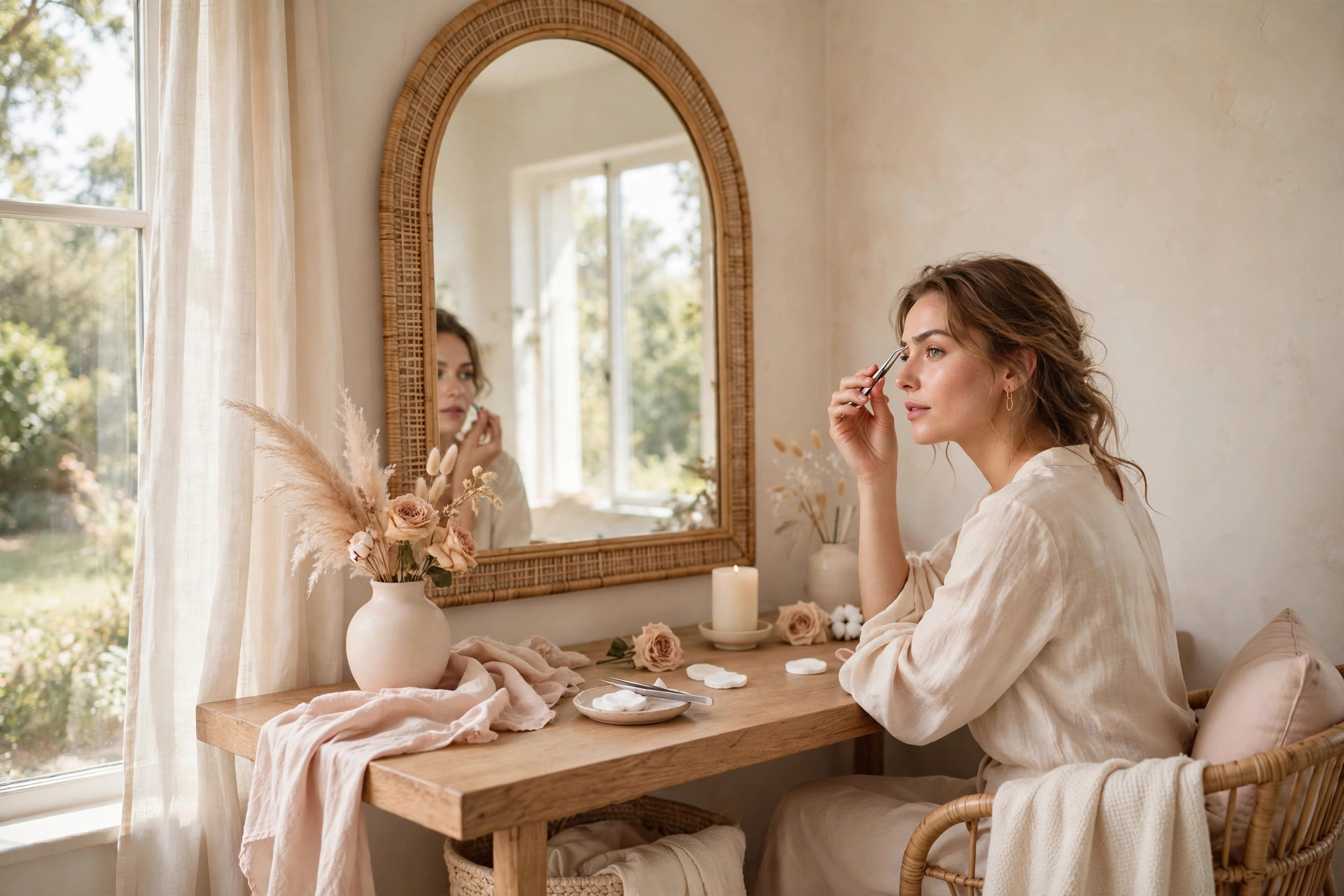 Woman grooming her eyebrows in a mirror, how to shape your eyebrows at home